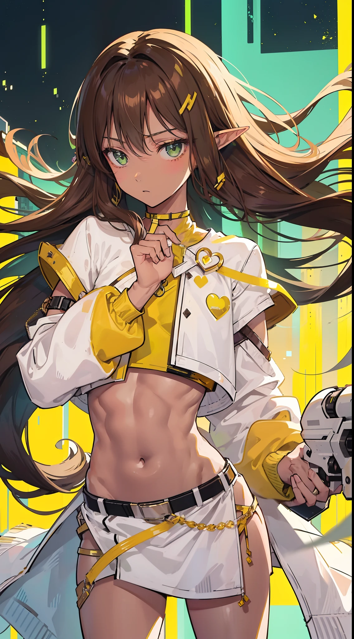 a  beautiful man, extremely long hair , brown hair , light green eyes , ((brown skin+++)), adult male ,Solo, male, skinny , , wearing a crop top    , skinny body , full lips , has small elf ears , wearing a yellow and white outfit , in a city , neon lights , holding  little anime gun with a heart charm , cyberpunk clothing