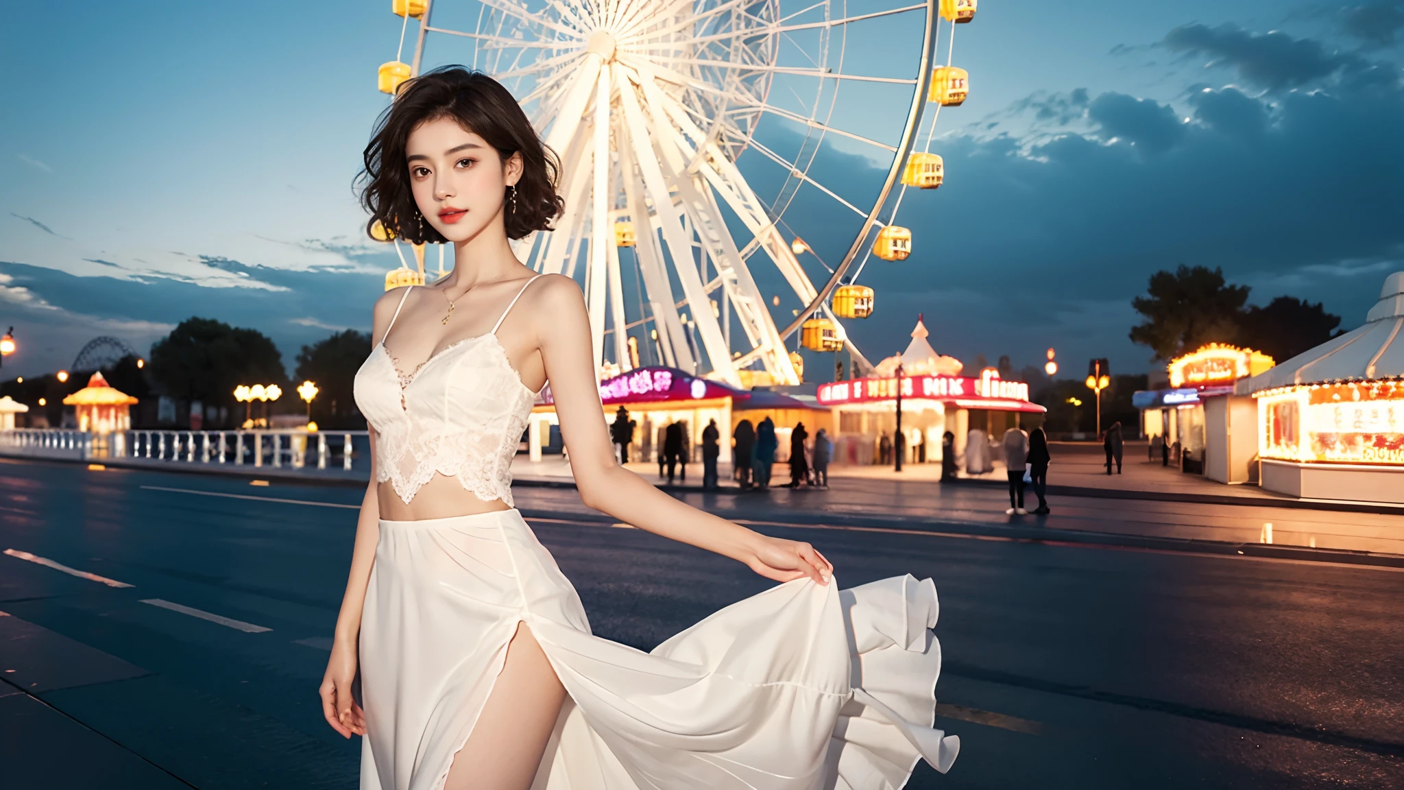 1 girl, slim,thin, big breasts,Shoulder length Fluffy short curly hair ,Low V-neck white evening dress transparent lace gauze skirt ,navel,looking at the camera,Amusement Park, Ferris Wheel