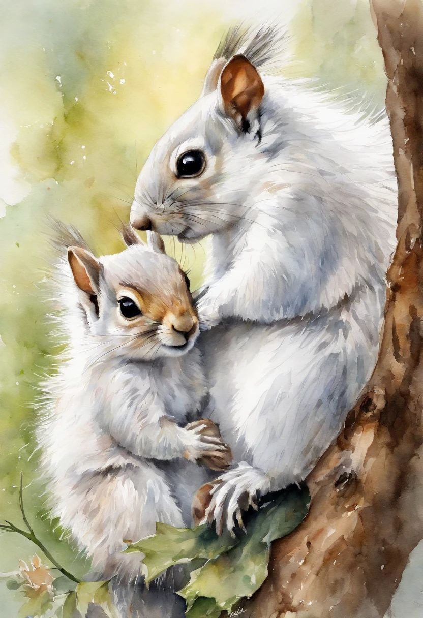 Squirrel parent and child: 1.5, hugging, smiling, cute, big eyes, pure white fur, fluffy fur, simple background, white background, watercolor painting, spring