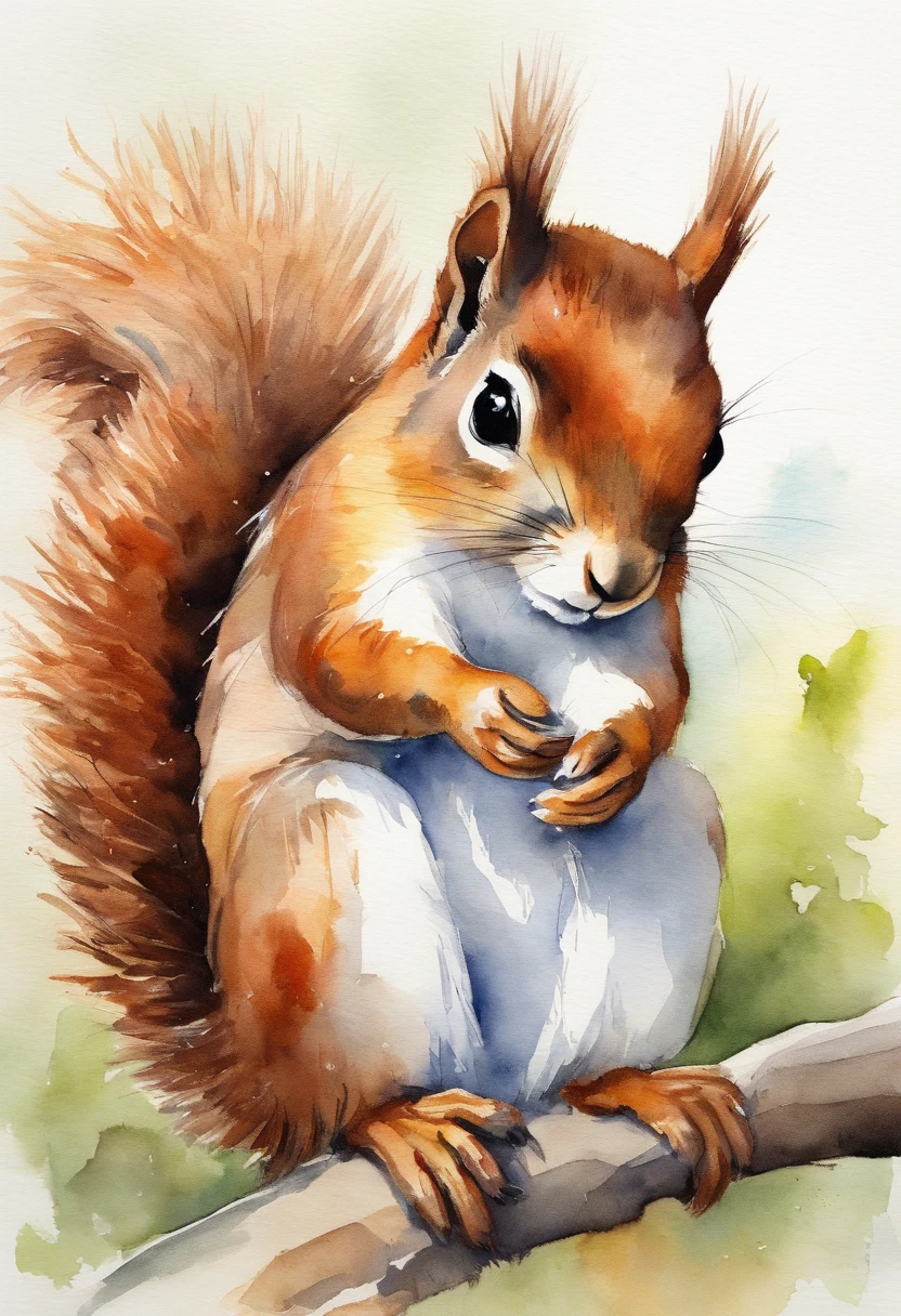 Squirrel parent and : 1.5, hugging, smiling, cute, big eyes, pure white fur, fluffy fur, simple background, white background, watercolor painting, spring
