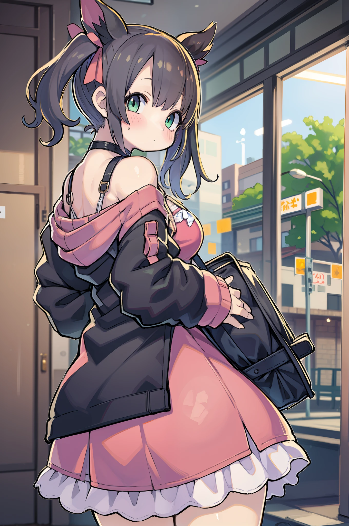 Beautiful, masutepiece, Best Quality, extra detailed face, Perfect Lighting, 1girl in, Solo, sketch, Marnie (A pokémon), Green eyes, asymmetrical bangs, backpack, Bag, Black Choker, Black jacket, Blurry, Blurry background, Choker, Closed mouth, Dress, from behind, Indoors, Jacket, Long sleeves, Looking at Viewer, Looking back, off shoulders, Pink dress, Red bag, Solo