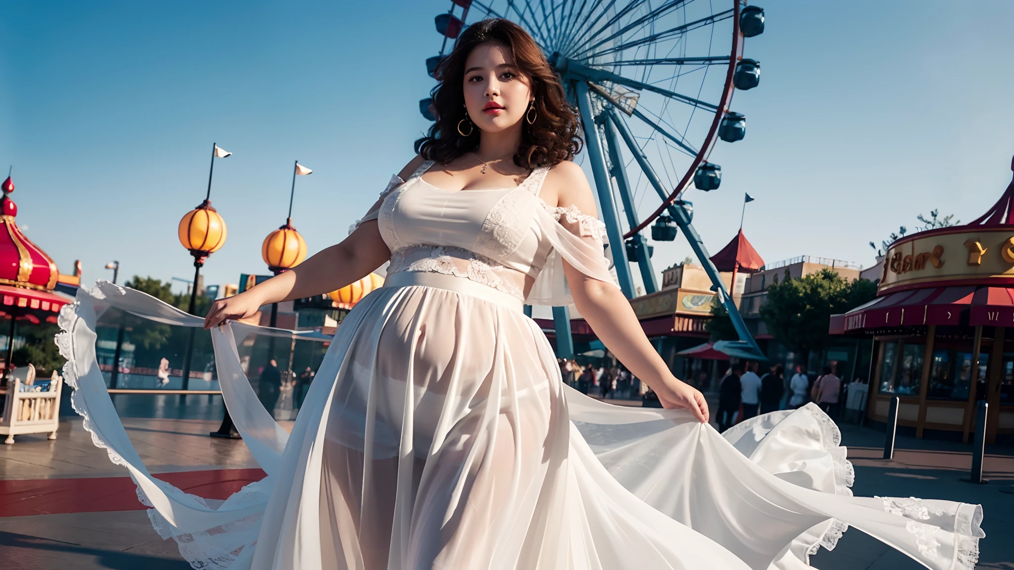 1 girl, Obese body, generous dimensions, face round, double chin, Overweight,Shoulder length Short, fluffy curly hair ,Low V-neck white evening dress transparent lace skirt ,navel,Put her weight on her stomach,looks into camera,An amusement park, Ferris wheel