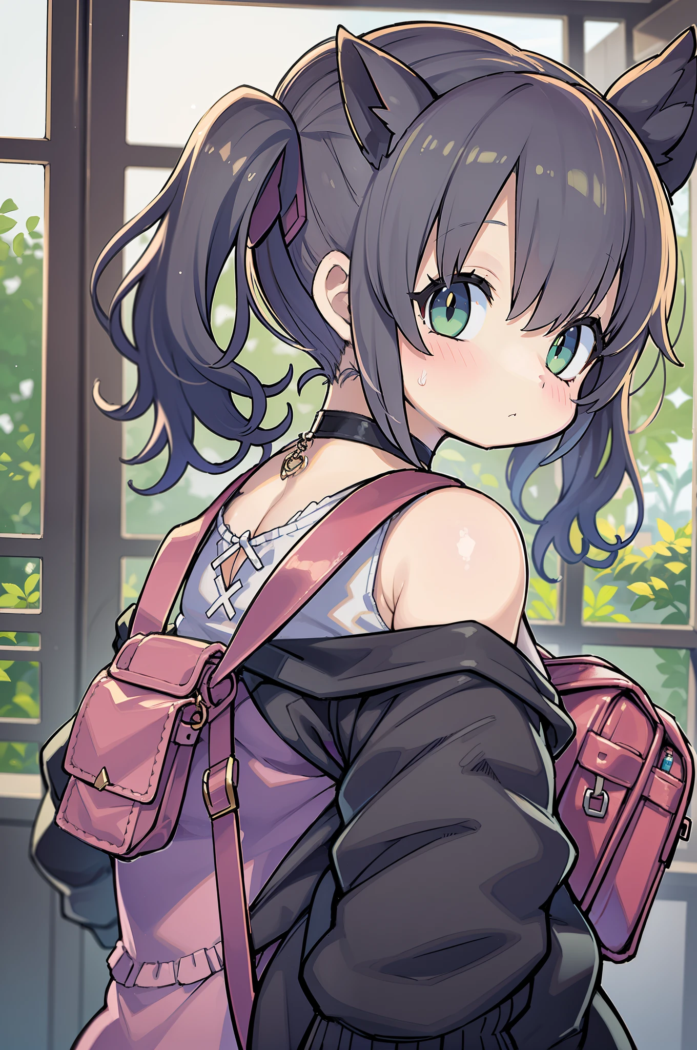 Beautiful, masutepiece, Best Quality, extra detailed face, Perfect Lighting, 1girl in, Solo, sketch, Marnie (A pokémon), Green eyes, asymmetrical bangs, backpack, Bag, Black Choker, Black jacket, Blurry, Blurry background, Choker, Closed mouth, Dress, from behind, Indoors, Jacket, Long sleeves, Looking at Viewer, Looking back, off shoulders, Pink dress, Red bag, Solo