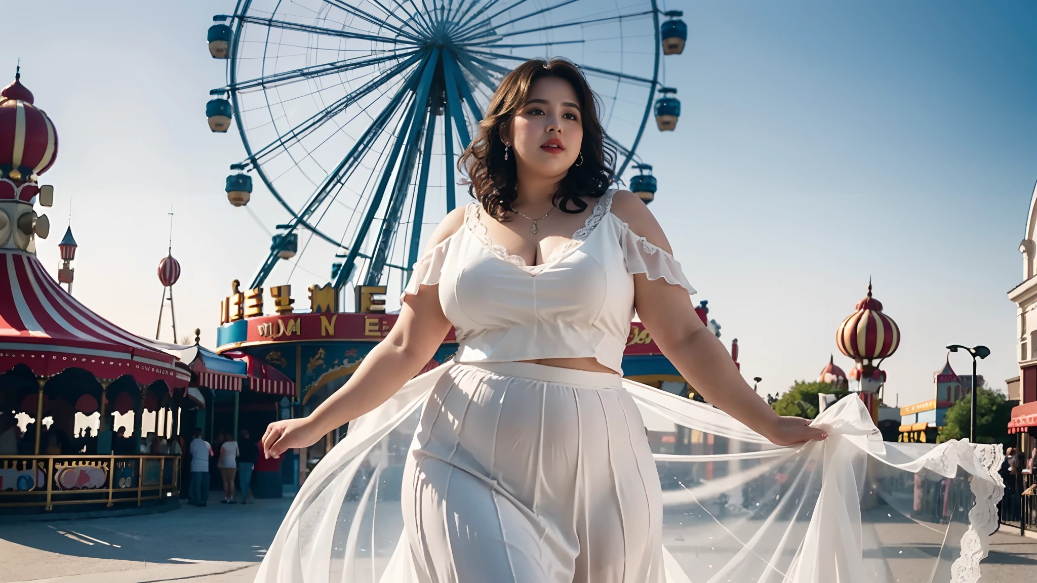 1 girl, Obese body, generous dimensions, face round, double chin, Overweight,Shoulder length Short, fluffy curly hair ,Low V-neck white evening dress transparent lace skirt ，navel，Put her weight on her stomach，looks into camera，An amusement park, Ferris wheel