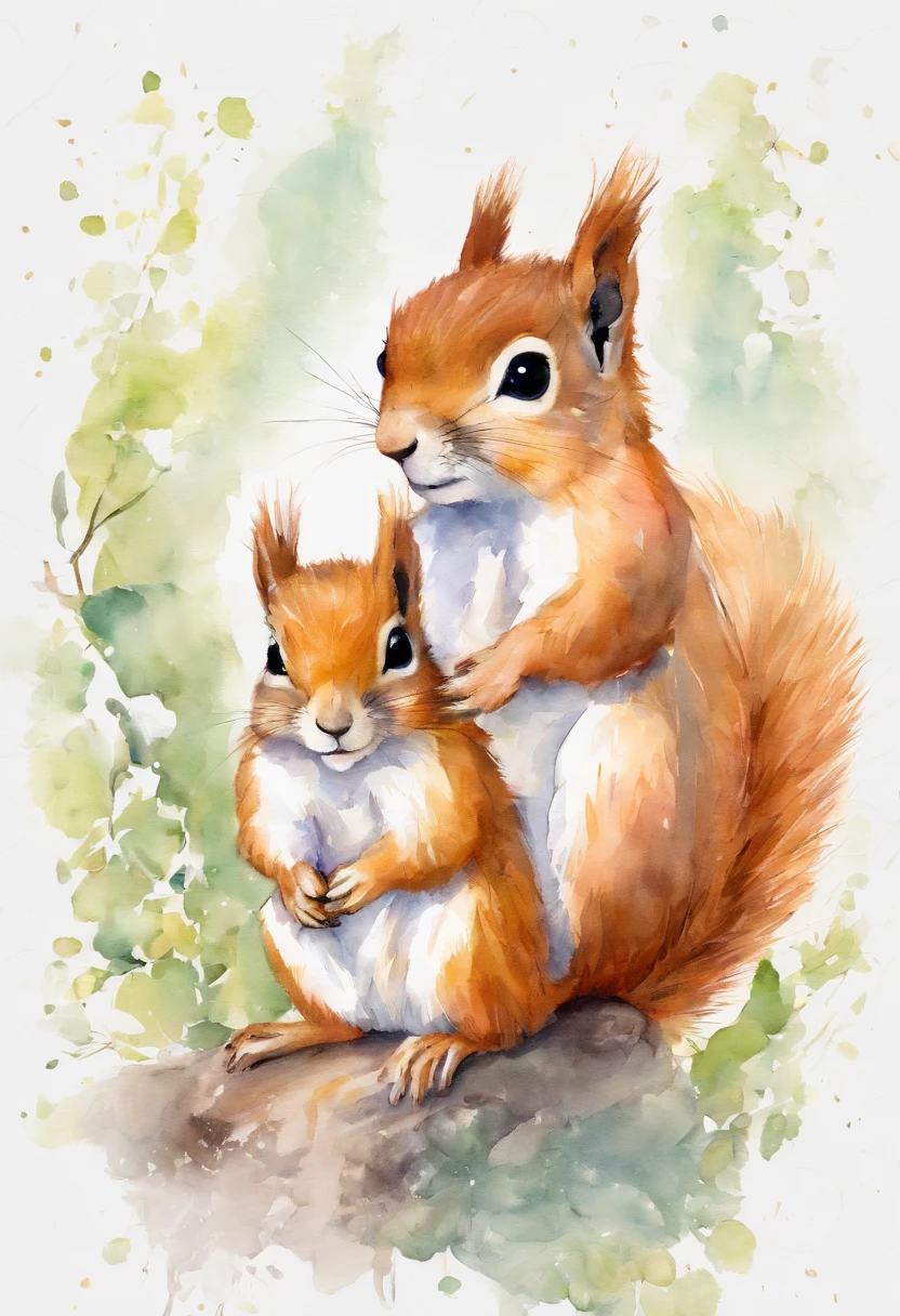 Squirrel parent and child: 1.5, hugging, smiling, cute, big eyes, pure white fur, fluffy fur, simple background, white background, watercolor painting, spring