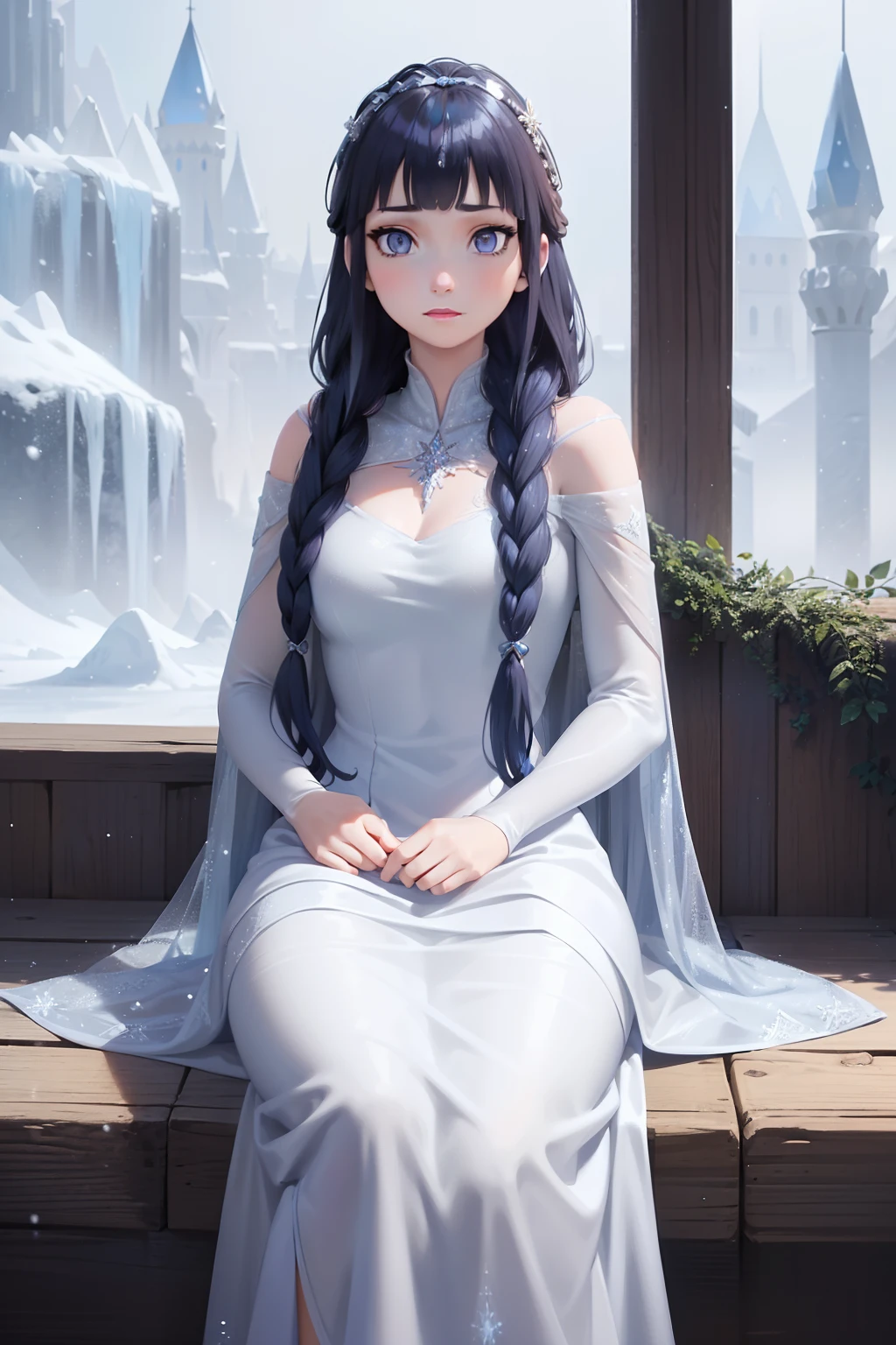 ice queen、Beautuful Women、(Long bundled into beautiful braids(dark blue  hair；：1、2)）、White skin is beautiful、Ice Long Dress、beautiful nordic woman、Beautiful purple eyes、Queen of snow、Ice Castle、(Queen Elsa)、(Frozen),dark blue hair, Blunt Bangs, purple eyes,