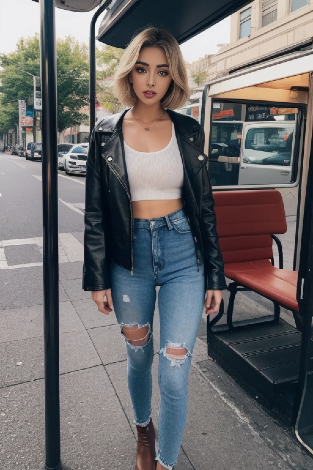 ((Realistic lighting, Best quality, 8K, Masterpiece: 1.3)), Clear focus: 1.2, 2girl, Perfect Figure: 1.4, Slim Abs: 1.1, ((short blonde bob hair)), (ropped leather jacket, distressed skinny jeans, and stylish ankle boots: 1.4), Super fine face, Fine eyes, Double eyelids, woman is posing while standing in a bus stop in a street, inspired by Gina Pellón, instagram, tachisme, violet myers, lorena avarez, olivia culpo, alanis guillen, looks like laura barriales, sophie mudd, tanned ameera al taweel, beautiful iranian woman, full body portrait
