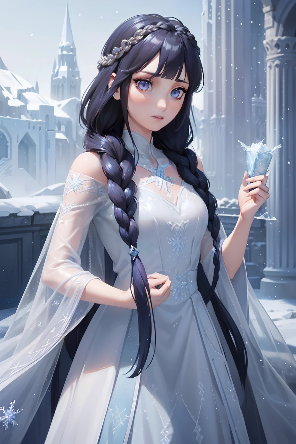 ice queen、Beautuful Women、(Long bundled into beautiful braids(dark blue  hair；：1、2)）、White skin is beautiful、Ice Long Dress、beautiful nordic woman、Beautiful purple eyes、Queen of snow、Ice Castle、(Queen Elsa)、(Frozen),dark blue hair, Blunt Bangs, purple eyes,