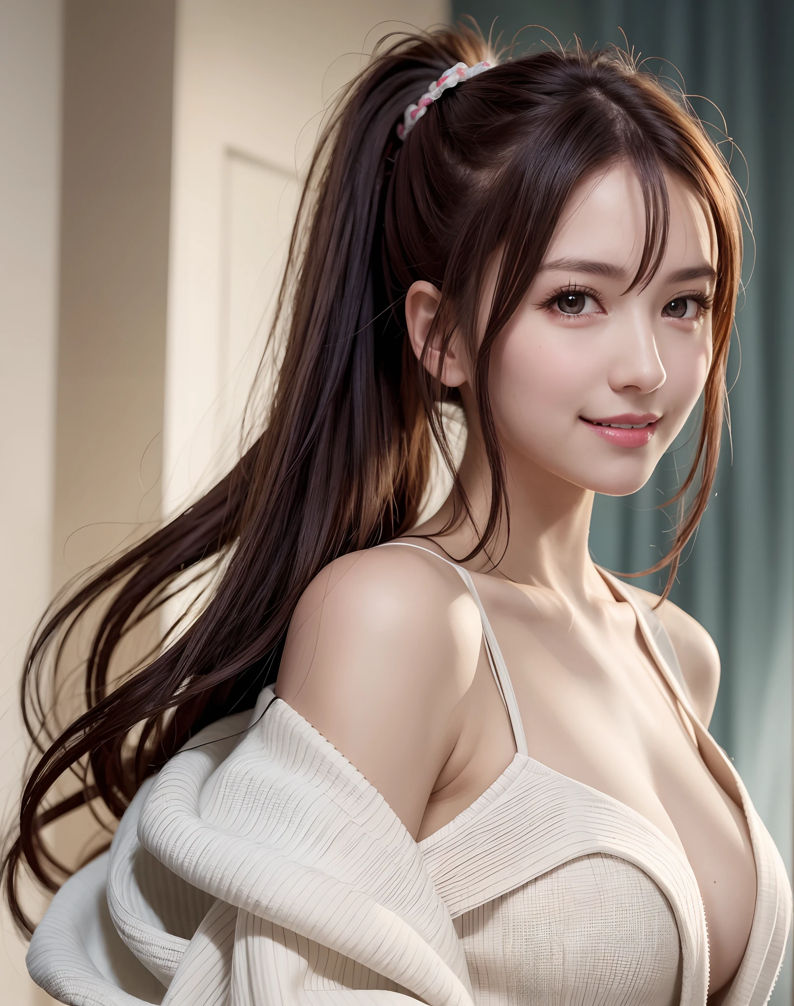 (Best Quality), (masutepiece), (High resolution), (Intricate details:0.2),(Professional Lighting), dressing gown, Detailed background,off shoulders, (Previous view), 1girl in, Solo, (Beautiful face),  Slim body, Fine skin, Smile, brown hair in a ponytail, Beautiful eyes,  look at at viewer,