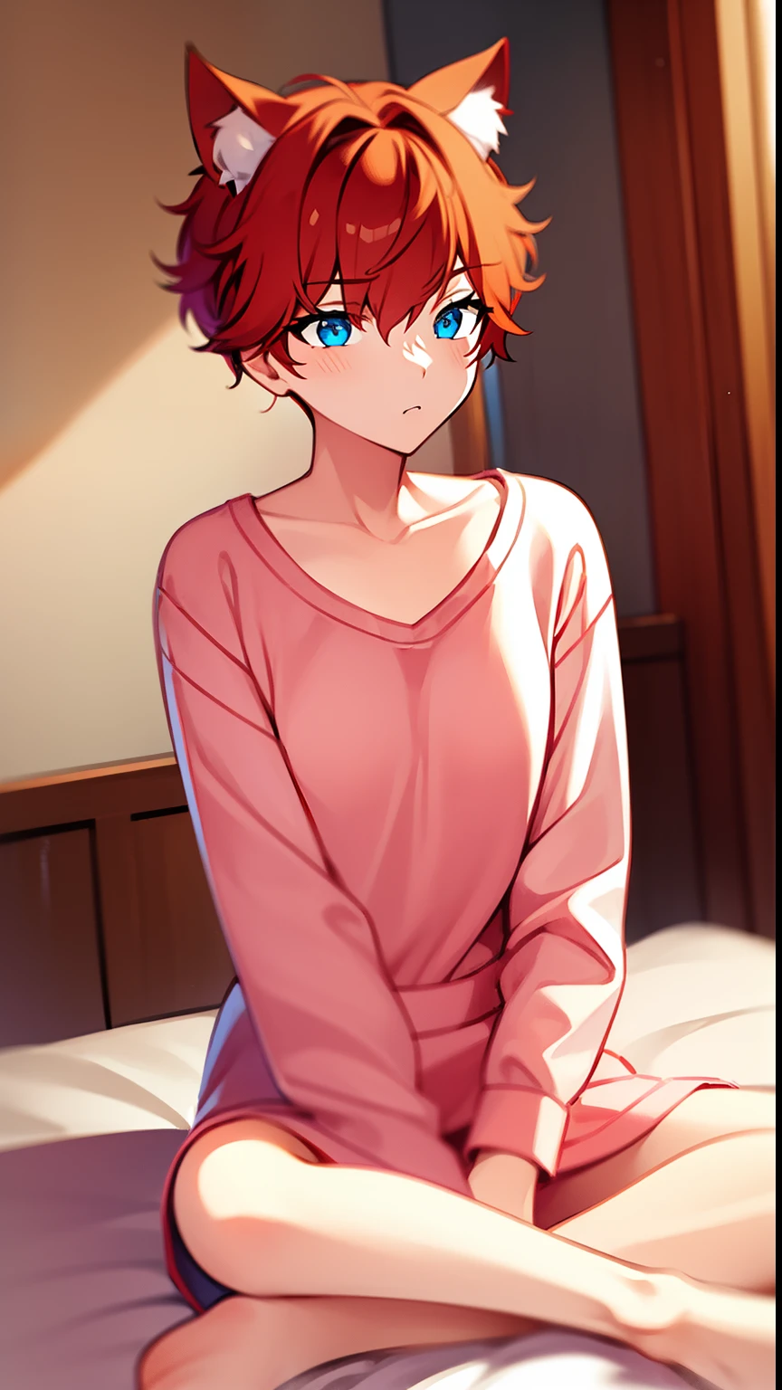 girl, solo girl, amagi hiiro, red hair, blue eyes, messy short hair, 1girl, cat ears, wearing pink pajamas, slim waist, bottomless slim legs, sitting on bed, droll,