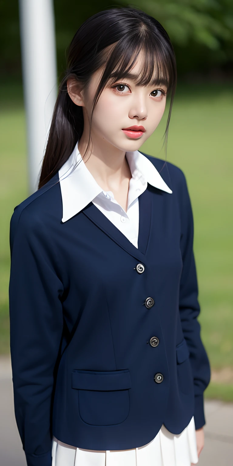 Neat and clean girl、(Schoolgirl Uniform、Loose and large shirt、Shoulders are visible、Nipple bumps、16yo gshirt wet、Sheer white shirt、Navy blue ribbon at the collar、School Uniform Blazer、Dark blue pleated micro mini)、Outside the field、(Slimed)、Photorealsitic、detaileds, Skin Texture, ultra-detailliert、Delicate and sexy collarbone、Super Detailed Face、Detailed lips、A detailed eye、二重まぶた、tiny chest、Smaller chest、small tit、Small、flat breast、Emphasis on the chest、Very distressed look、Very embarrassed look、Lift the hem of the skirt yourself,、Show the camera your white panties、pantyshot、The figure that seems to be able to see the panties、My panties are visible
