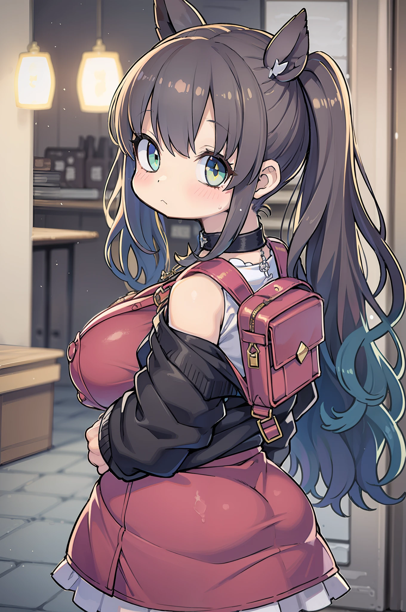 Beautiful, masutepiece, Best Quality, extra detailed face, Perfect Lighting, 1girl in, Solo, sketch, Marnie (A pokémon), Green eyes, asymmetrical bangs, backpack, Bag, Black Choker, Black jacket, Blurry, Blurry background, Choker, Closed mouth, Dress, from behind, Indoors, Jacket, Long sleeves, Looking at Viewer, Looking back, off shoulders, Pink dress, Red bag, Solo,bbw、huge-breasted