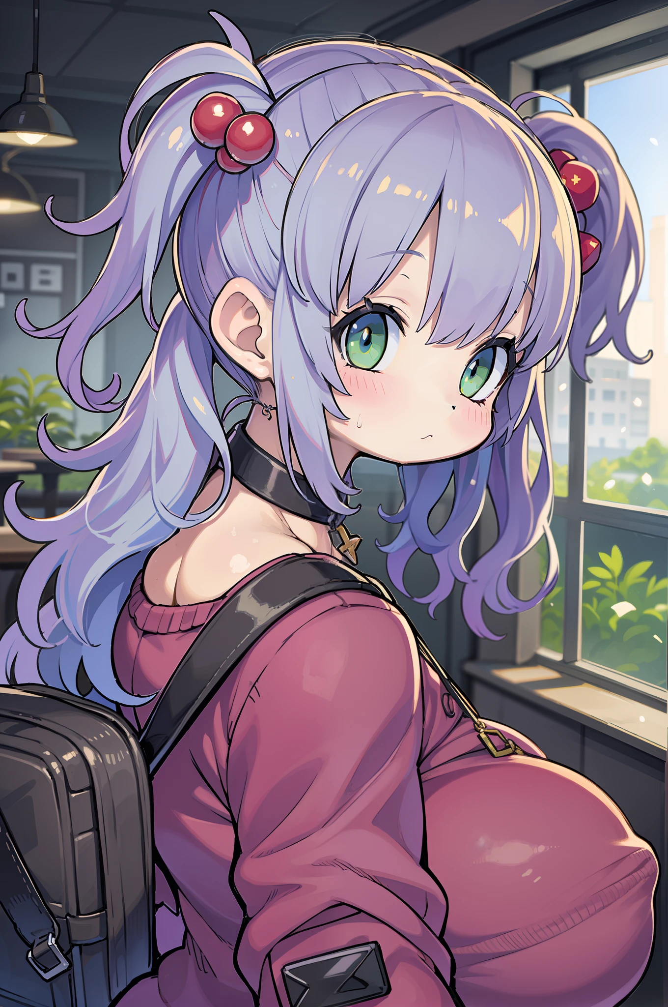 Beautiful, masutepiece, Best Quality, extra detailed face,  Perfect Lighting, 1girl in, Solo, sketch, Marnie (A pokémon), Green eyes, asymmetrical bangs, backpack, Bag, Black Choker, Black jacket, Blurry, Blurry background, Choker, Closed mouth, Dress, from behind, Indoors, Jacket, Long sleeves, Looking at Viewer, Looking back, off shoulders, Pink dress, Red bag, Solo,bbw、huge-breasted