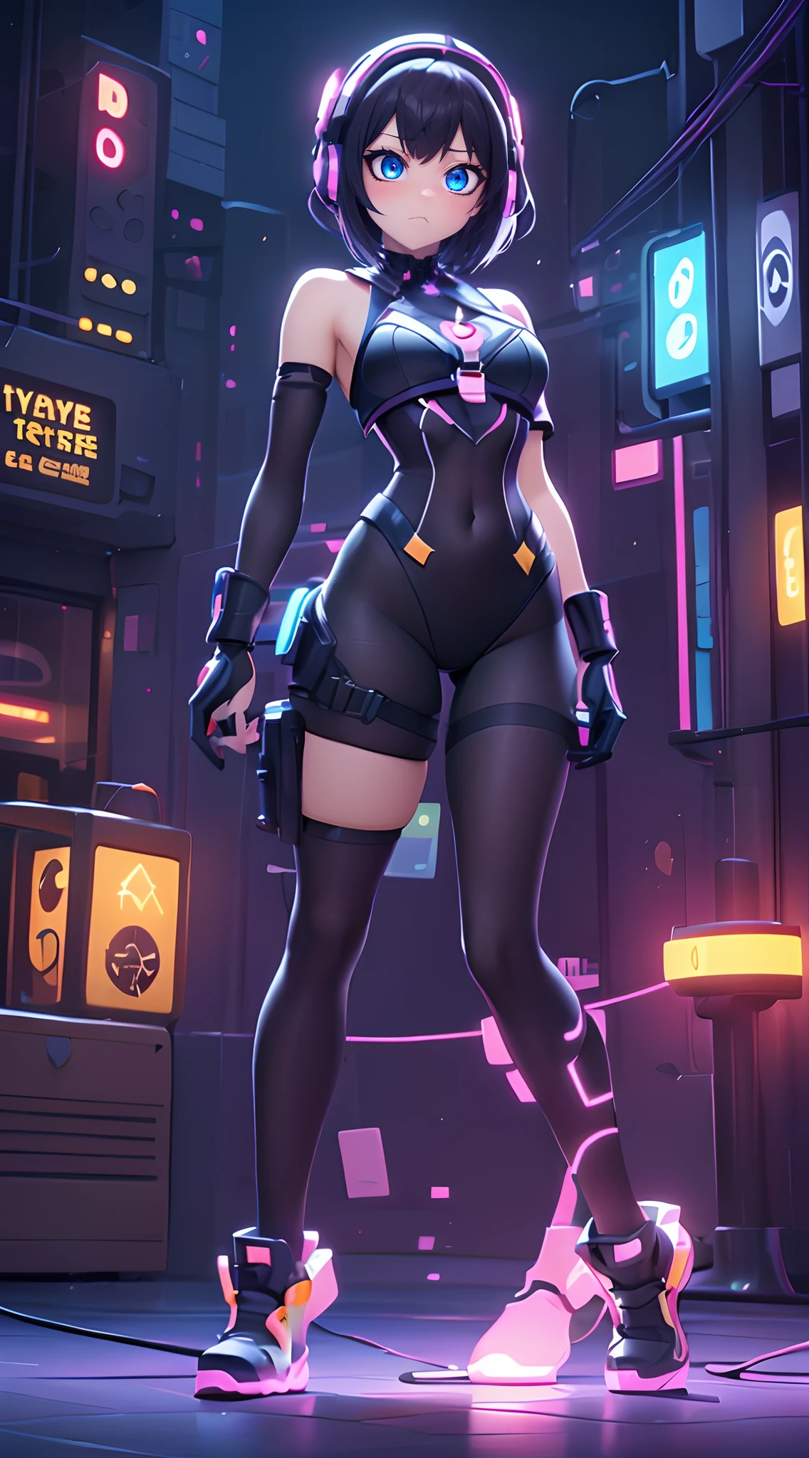 (Dynamic Angle:1.4), ((Full body posing:1.5), (Colorful:1.2), (Highly detailed CG Unity 16K wallpaper:1.1), (Denoising strength: 1.45), (tmasterpiece:1.37), ((Official art)), of the highest quality, (Realistic), Cyber Girl, 2 head body,Deformed Character,cute expression, (Short-cut hair:1.2),(Black Cyberware:1.5),Black hair,Glowing eyes,(blue eyess:1.2),((Poses in motion:1.4)),wires, (LED:1.3), (a hologram:1.2), futuristic city street, Neon light, Skyscrapers, (Night:1.2), (Rainbow Model:1.2), 8K resolution, (Anime style:1.3), Cinematic lighting, chromatic abberation, spark of light, Ray tracing, blending, ultra wide-angle, Hasselblad, (masutepiece), (masutepiece), ((Best Quality)), ((masutepiece)), nffsw