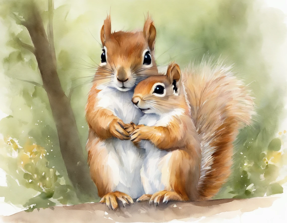Squirrel parent and : 1.5, hugging, smiling, cute, big eyes, pure white fur, fluffy fur, simple background, white background, watercolor painting, spring