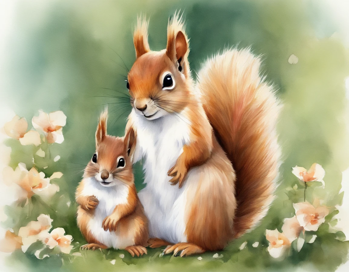 Squirrel parent and child: 1.5, hugging, smiling, cute, big eyes, pure white fur, fluffy fur, simple background, white background, watercolor painting, spring