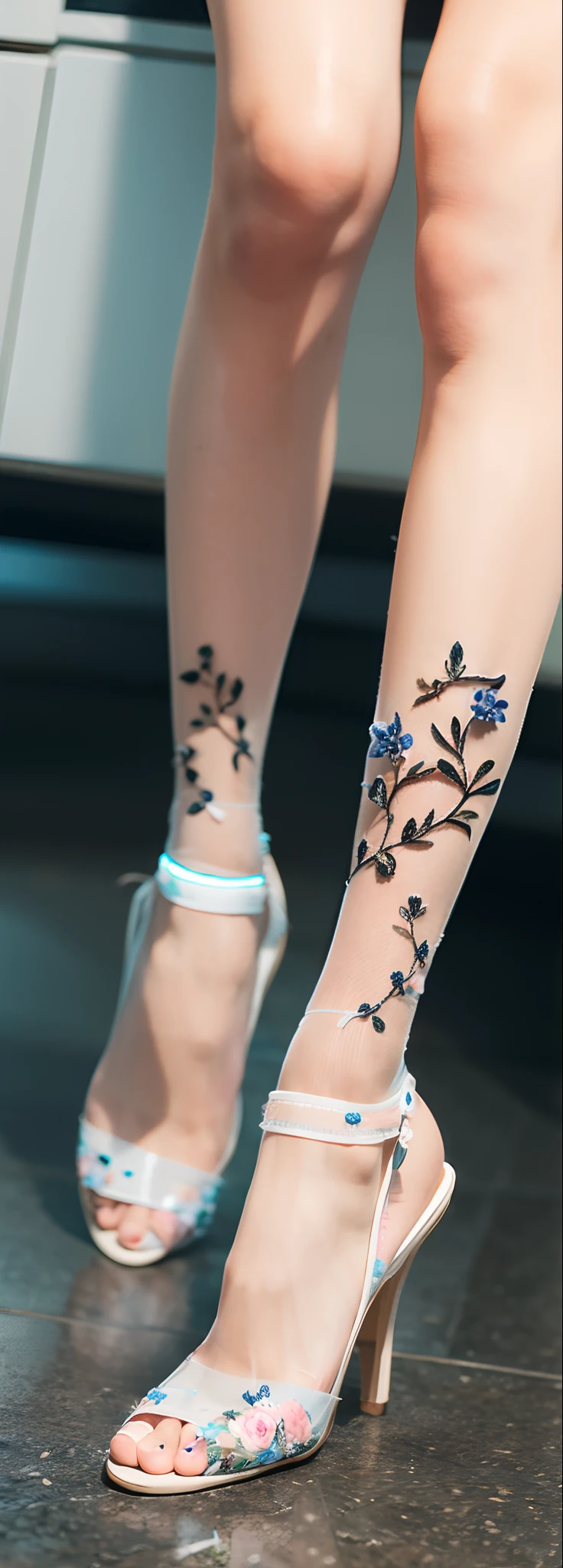 Clear stockings with floral motifs，Perfect lighting，Close-up shot，Best quality photos