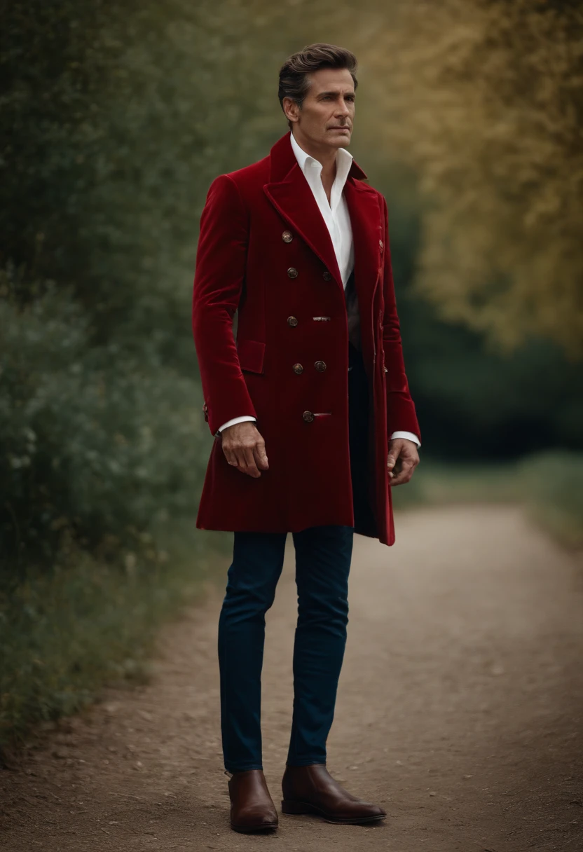 Un homme en rouge, Le style de Patrick Demarchelier. Dressed in a red velvet jacket and jeans , Grand et en forme, (40 ans:1.1), (shaven:1.2), (cheveux bruns courts :1.5),(very short hair:1.6). in the style of ethereal beauty, Realistic blue sky, Hasselblad 1600F, Hyperrealistic portrait, couleurs vives, Lignes dynamiques, lisse et poli .