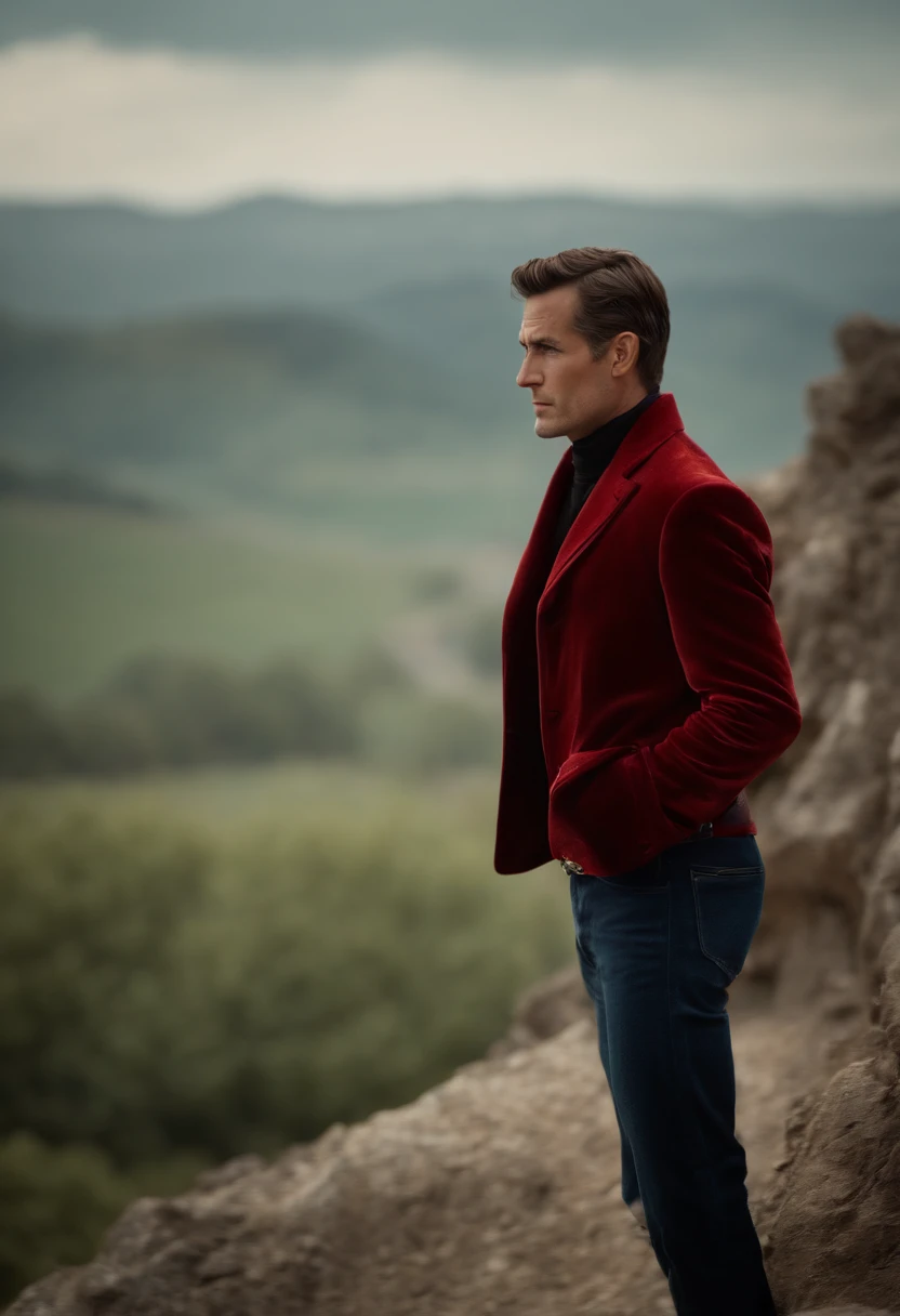 Un homme en rouge, Le style de Patrick Demarchelier. Dressed in a red velvet jacket and jeans , Grand et en forme, (40 ans:1.1), (shaven:1.2), (cheveux bruns courts :1.5),(very short hair:1.6). in the style of ethereal beauty, Realistic blue sky, Hasselblad 1600F, Hyperrealistic portrait, couleurs vives, Lignes dynamiques, lisse et poli .