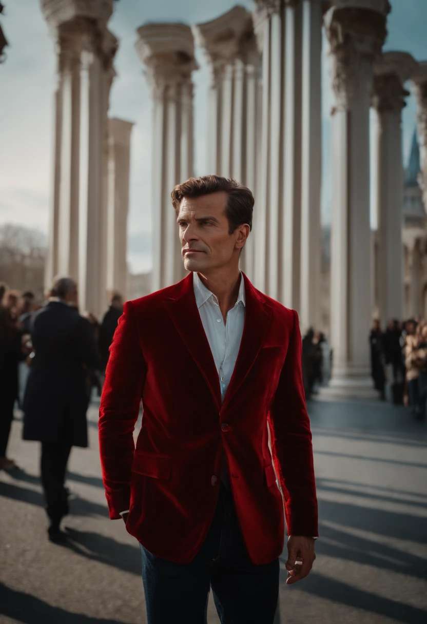 Un homme en rouge, Le style de Patrick Demarchelier. Dressed in a red velvet jacket and jeans , Grand et en forme, (40 ans:1.1), (shaven:1.2), (cheveux bruns courts :1.5),(very short hair:1.6). in the style of ethereal beauty, Realistic blue sky, Hasselblad 1600F, Hyperrealistic portrait, couleurs vives, Lignes dynamiques, lisse et poli .