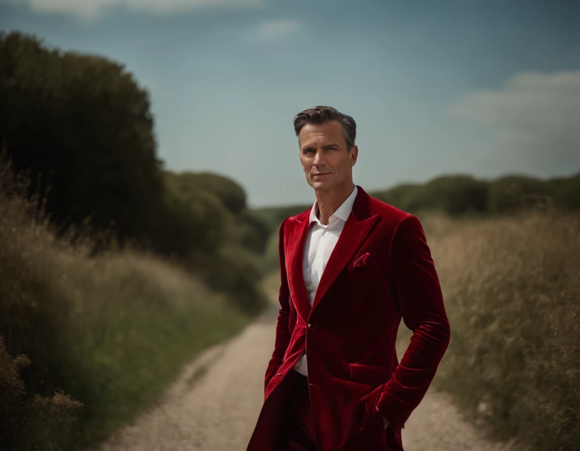 Un homme en rouge, Le style de Patrick Demarchelier. Dressed in a red velvet jacket and blue jeans , Grand et en forme, (40 ans:1.1), (shaven:1.2), (cheveux bruns courts :1.5),(very short hair:1.6). in the style of ethereal beauty, Realistic blue sky, Hasselblad 1600F, Hyperrealistic portrait, couleurs vives, Lignes dynamiques, lisse et poli .