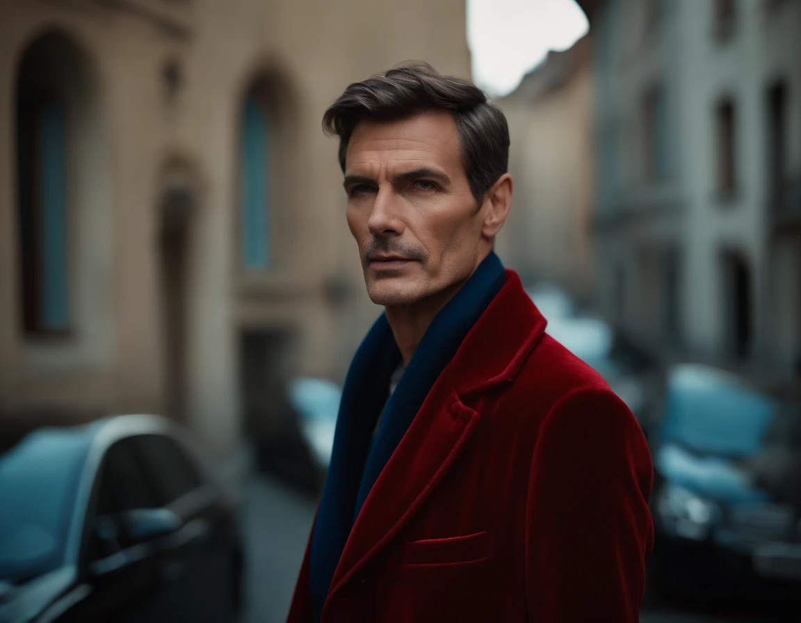 Un homme en rouge, Le style de Patrick Demarchelier. Dressed in a red velvet jacket and blue jeans , Grand et en forme, (40 ans:1.1), (shaven:1.2), (cheveux bruns courts :1.5),(very short hair:1.6). in the style of ethereal beauty, Realistic blue sky, Hasselblad 1600F, Hyperrealistic portrait, couleurs vives, Lignes dynamiques, lisse et poli .