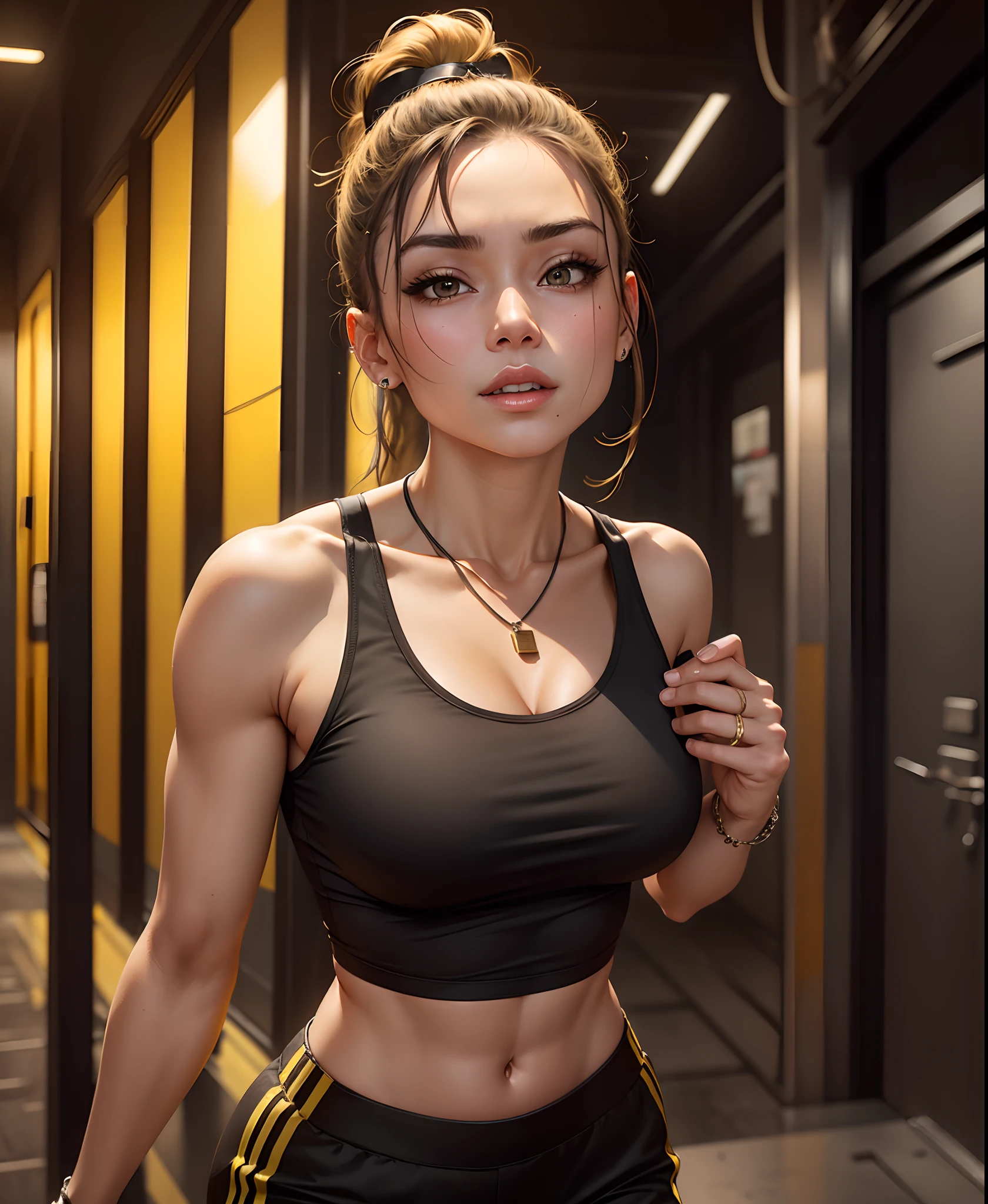 ((Best Quality, 4K, Masterpiece: 1.3)), a beautiful woman with perfect figure: 1.4, (Abs, developed hand muscles: 1.2), dark brown hair, sweatpants, wet body, gym, highly detailed facial and skin texture, detailed eyes, double eyelids --auto --s2
