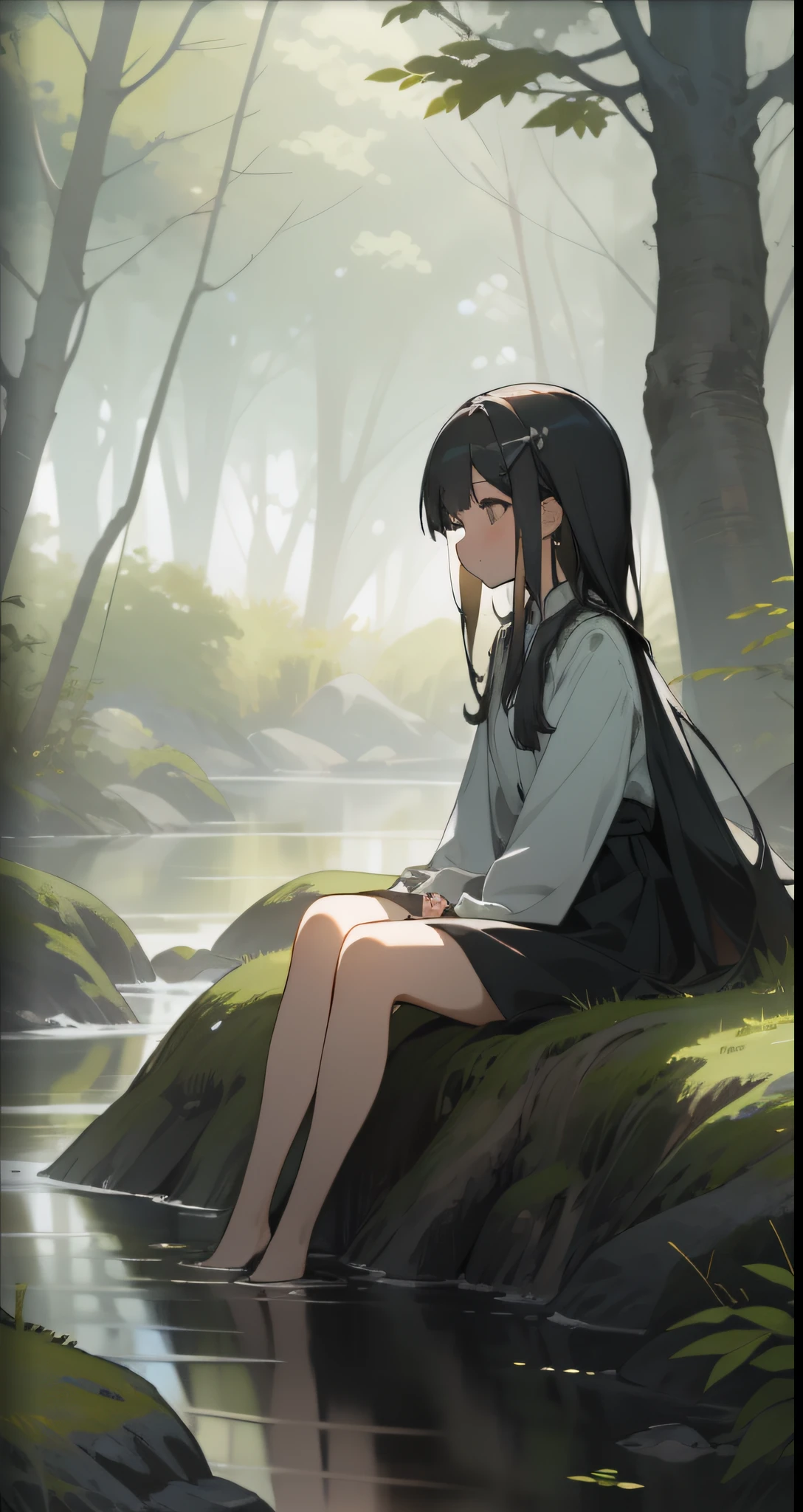 1girl, bare_tree, black_hair, branch, bush, day, earrings, forest, grass, hair_ornament, hairclip, log, long_hair, nature, outdoors, plant, pond, river, rock, scenery, sitting, soaking_feet, solo, sunlight, tree, water