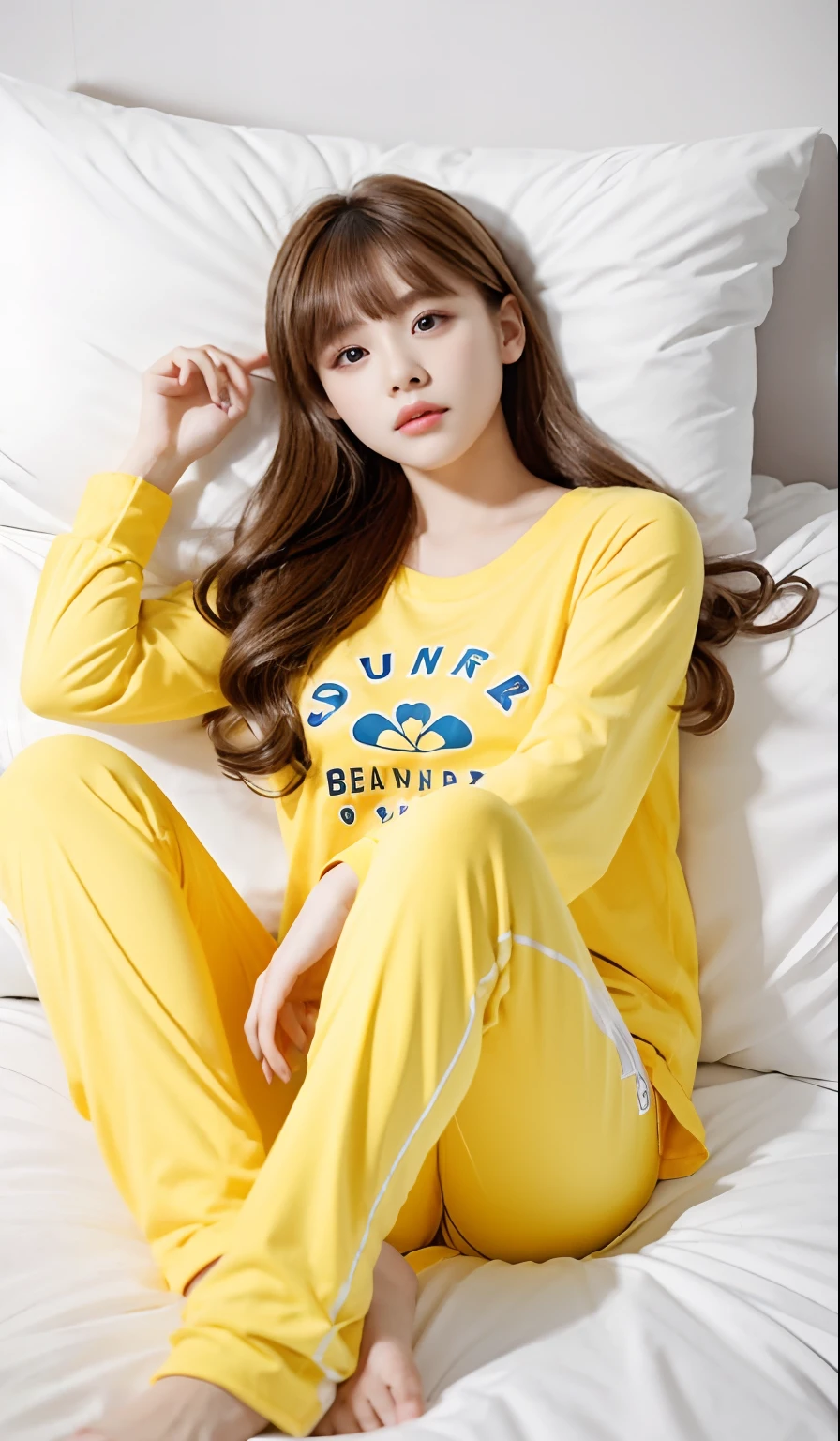 Sleeping Girl, 22 years old, Realistic, She wears short leggings pants, She wears yellow pajamas, Brown hair.