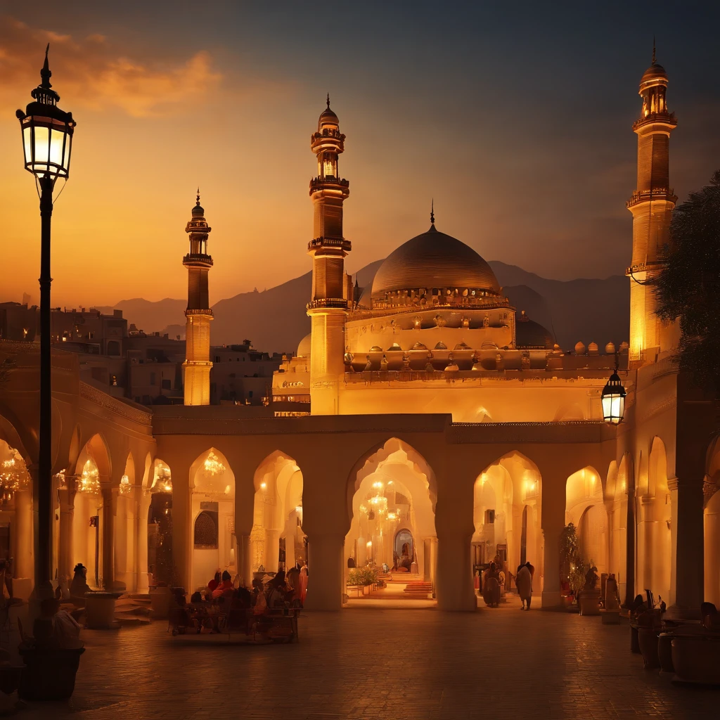 (best quality,4k,8k,highres,masterpiece:1.2),ultra-detailed,(realistic,photorealistic,photo-realistic:1.37),fantastic eastern city,minarets,stunning detailed architecture,illuminated streets,mystical sky,glowing stars in the evening,ornate domes,tall towers,reaching airships in the sky,soft and dreamy pastel colors,enchanted atmosphere,lush gardens,exotic trees and plants,cascading water fountains,impressive gateways,richly decorated market stalls,bustling street vendors,traditional music filling the air,aromatic spices wafting through the streets,peaceful and serene ambiance,delicate lanterns casting a warm glow,grand celebrations happening in every corner,diverse and vibrant city life,ancient traditions blending with modern influences,hidden alleyways leading to hidden treasures,elegant and beautifully dressed locals,graceful movements and dances,exploration and discovery at every turn,gorgeous sunset casting a golden light over the city.