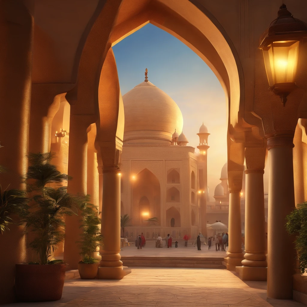 (best quality,4k,8k,highres,masterpiece:1.2),ultra-detailed,(realistic,photorealistic,photo-realistic:1.37),fantastic eastern city,minarets,stunning detailed architecture,illuminated streets,mystical sky,glowing stars in the evening,ornate domes,tall towers,reaching airships in the sky,soft and dreamy pastel colors,enchanted atmosphere,lush gardens,exotic trees and plants,cascading water fountains,impressive gateways,richly decorated market stalls,bustling street vendors,traditional music filling the air,aromatic spices wafting through the streets,peaceful and serene ambiance,delicate lanterns casting a warm glow,grand celebrations happening in every corner,diverse and vibrant city life,ancient traditions blending with modern influences,hidden alleyways leading to hidden treasures,elegant and beautifully dressed locals,graceful movements and dances,exploration and discovery at every turn,gorgeous sunset casting a golden light over the city.