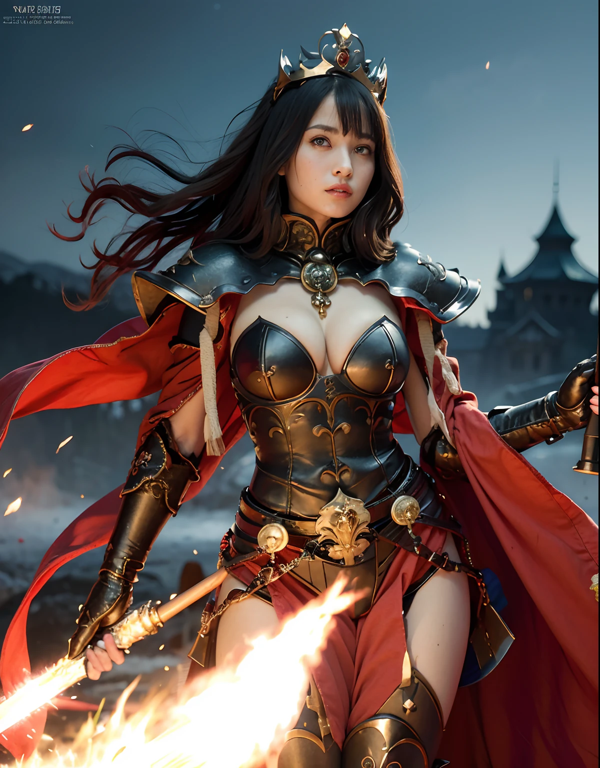 (World of Darkness),(Bleeding from the head), Professional , masterpiece、top-quality、photos realistic , depth of fields (Gemstone Black Metal Body:1.4),(Matte Black、Toostock、(cleavage of the breast)、((Random Hairstyles 1.6),Dark Fantasy,)explosions、intense fighting、Blood on the face,Blood Rain,Blood fog(blood splattere:1.2),Dragon Gold Weapon,Mystical expression、Particles of light、Fight dragons、(Toostock),Gorgeous Silver Weapons ,(( Dragon's dense and gorgeous sword)) ,,Detail and gorgeous crown、((Red hair))、(Castle background)、、((Gangle's forest background))、Beautiful Caucasian beauty、1a person、dynamic ungle,(((Detailed and ornate Black Devil Crown)))、Smaller head、A smile、Castle background、Thin and beautiful female hands、cleavage of the breast、Soldier in iron armor on background、Mystical expression、Light Effects、intense fighting、Wind-effect、magic circles、With the legendary magic wand、(demonic wings)、