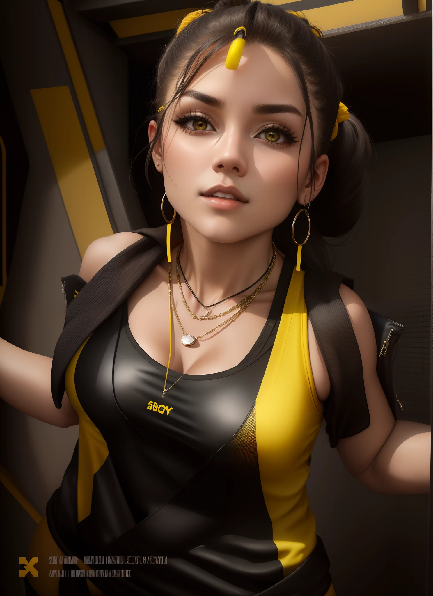 (best qualityer))), (((manga strokes))), (((Headphones))), (((Yellow devices))), Googles in your head, (((tiny thong shorts))), uma Kizi jovem muito bem vestida com roupas modernas de inverno, short top, short jacket with dark fur collar, beautiful and expressive face, slightly-smile, big eyes with long black eyelashes, heavy make-up, chains and zippers spread across clothes, contrasting colours, pose de atitude, hair with a modern and futuristic cut, urban game poster art, dramatic camera angles, graffiti art elements, ((bird’s eye view))), (((best qualityer: 1.4))), (Unbeatable masterpiece), (hiper HD),(CG 8k hyper-realistic), Kizi, (((standing alone))), pirralha violent, (((14歳))), sexly, pose de atitude, work of art, post-apocalypse, (((manga style))), bounty hunter, violent, Manic, the way you want, slenderbody, thin but strong, perfectbody, roupa moderna, advanced technology, neon, sleeves with vertical striped pattern