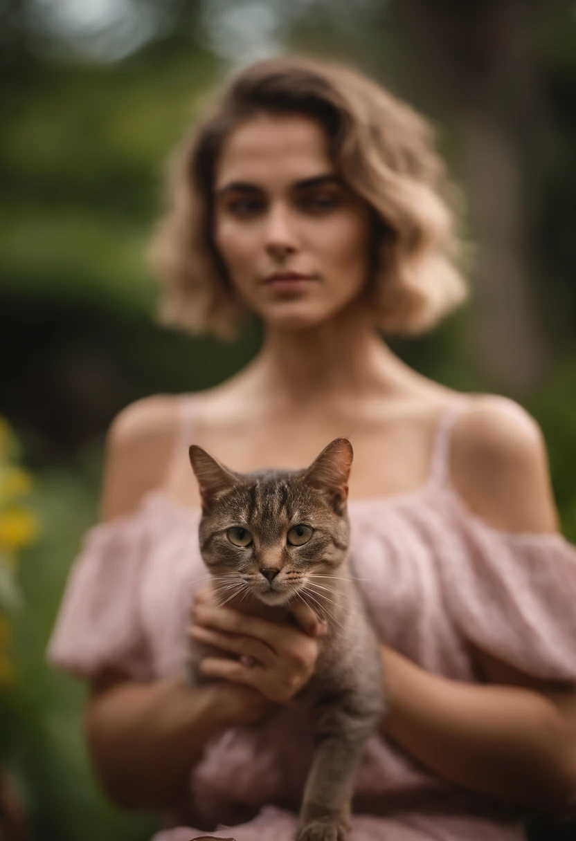 Um elfo com cara de gato, com sua bela pele rosa, segurando um caracol sobre um graveto, retrato em primeira pessoa