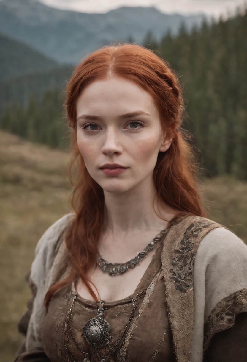 Redheaded Russian woman, Native, viking, tattoo, posing, high quality, hyper realistic, detailed, photorealism, nsfw, pale skin, mountains