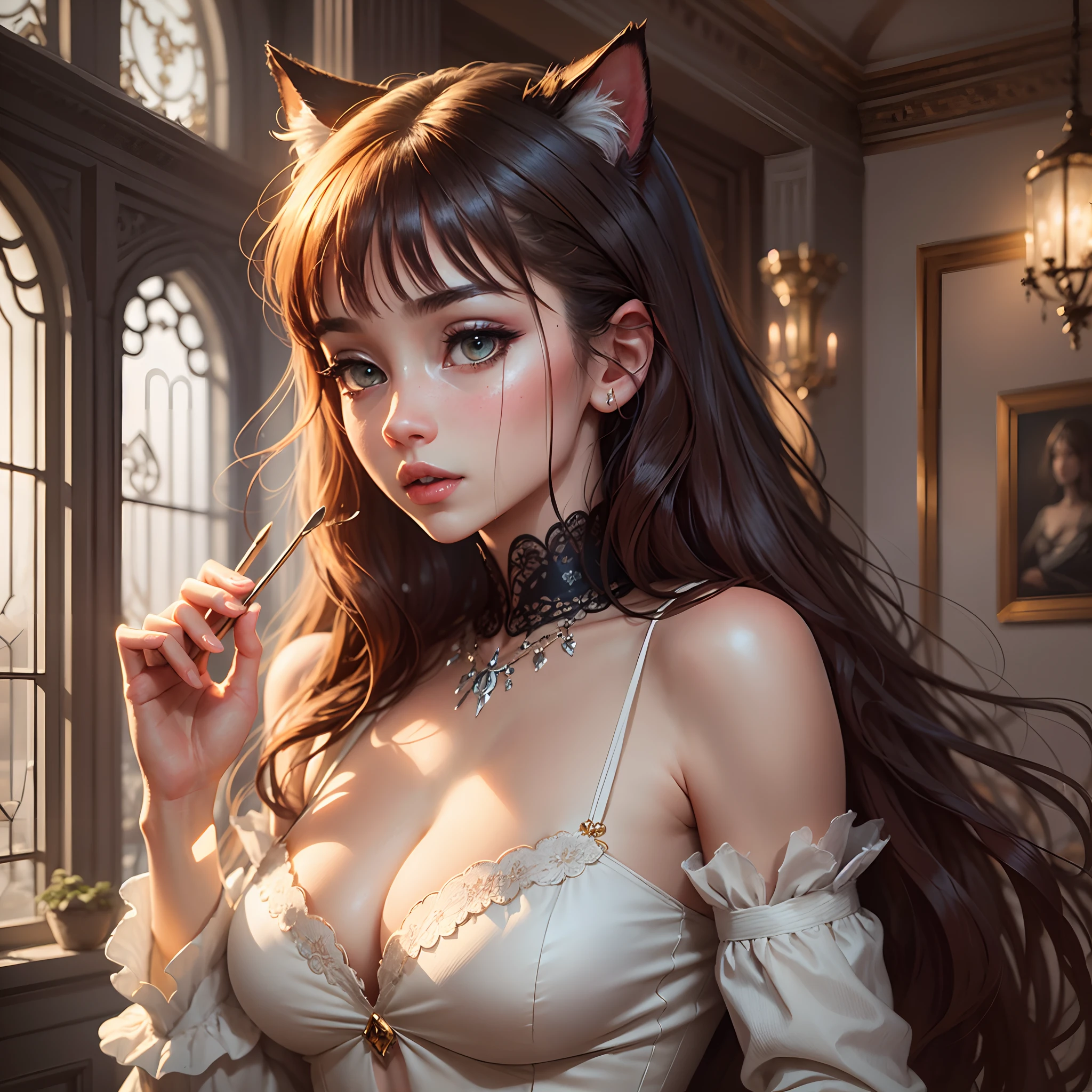 (Best Quality,4k,hight resolution,Masterpiece:1.2),beautiful detail eyes,hairlong,cat ears, an anime girl, big breastes, Innocent, provocation, Beautiful girl in dress, fantasy style, illustartion, Fairytale atmosphere,bright colours,soft-lighting,floting hair,Detailed facial features,Unearthly beauty, Vivid emotions, background, Inspired by the apartment , A subtle glow,Impressive attention to detail,fine brushwork,ethereal ambiance,Mystical atmosphere,delicate fabrics,magical lighting,Graceful and smooth lines,fine texture ,Femininity and elegance,The sublime and the unearthly,Magic & Enchantment,romantic.
