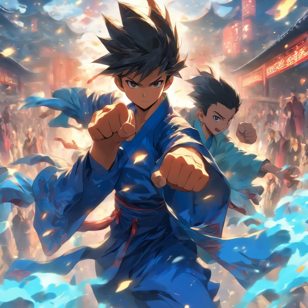 A boy in blue,Riding on 1 young man in Chinese clothes,Waving his fists