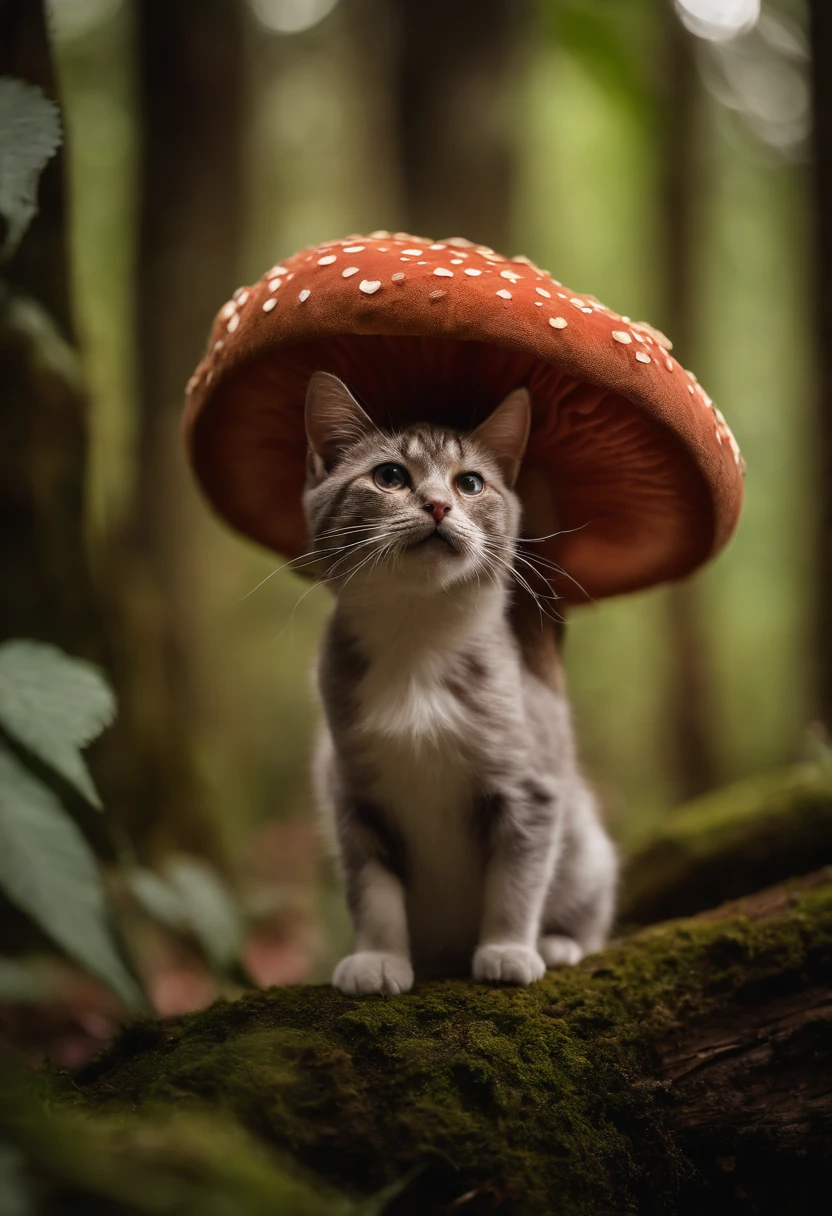 Um gato elfo, with the mushroom hat, andando sobre um tronco em uma floresta clara e limpa, pele rosa