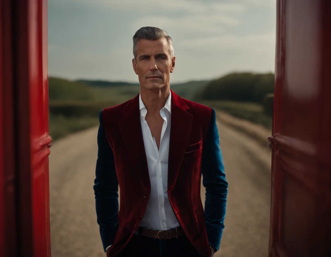 Un homme en rouge, Le style de Patrick Demarchelier. Dressed in a red velvet jacket and blue jeans , Grand et en forme, (40 ans:1.1), (shaven:1.2), (cheveux bruns courts :1.5),(very short hair:1.6). in the style of ethereal beauty, Realistic blue sky, Hasselblad 1600F, Hyperrealistic portrait, couleurs vives, Lignes dynamiques, lisse et poli .