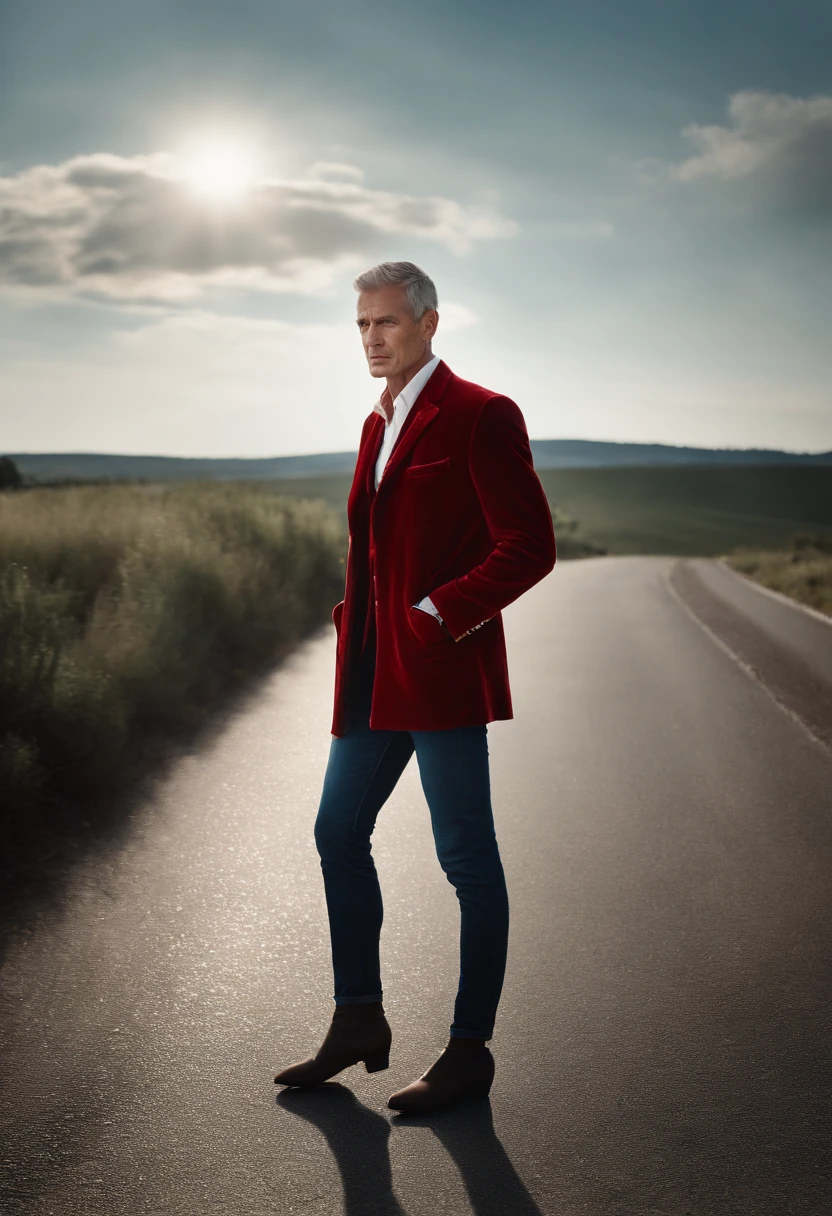 Un homme en rouge, Le style de Patrick Demarchelier. Dressed in a red velvet jacket and jeans , Grand et en forme, (40 ans:1.1), (shaven:1.2), (cheveux bruns courts :1.5),(very short hair:1.6). in the style of ethereal beauty, Realistic blue sky, Hasselblad 1600F, Hyperrealistic portrait, couleurs vives, Lignes dynamiques, lisse et poli .