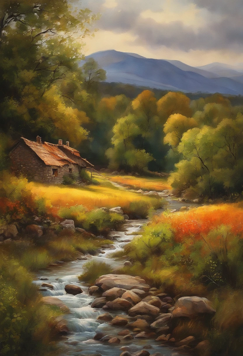 Pintura con acuarelas de un paisaje pastoril de la edad media. Muy detallado. Hi-Def