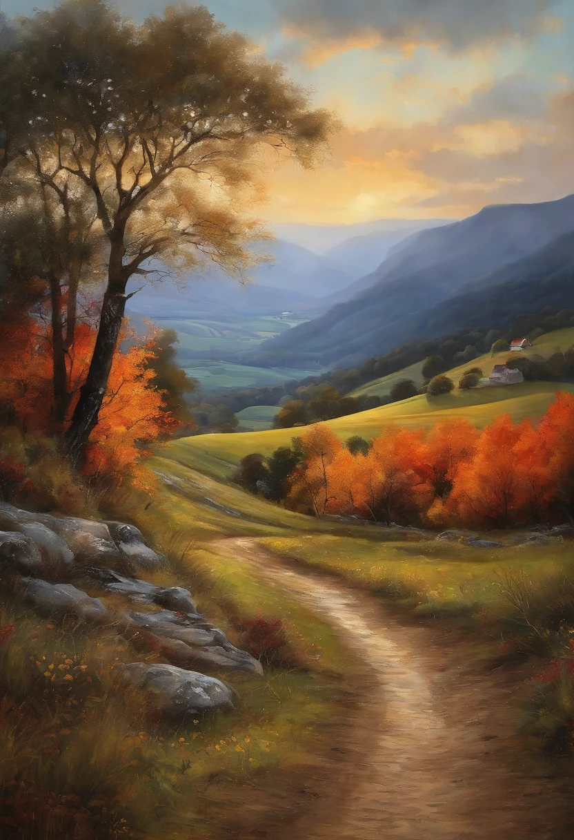 Pintura con acuarelas de un paisaje pastoril de la edad media. Muy detallado. Hi-Def