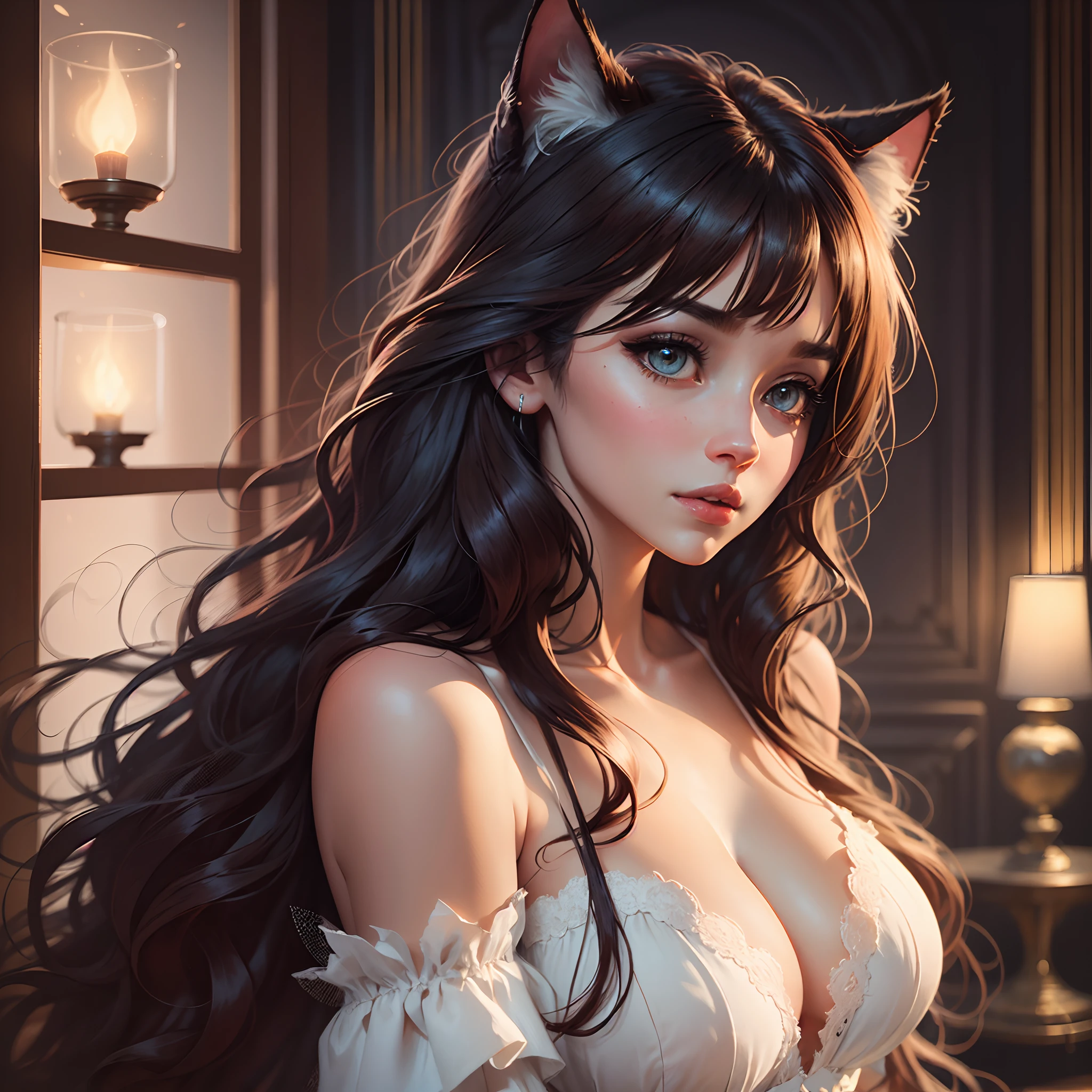 (Best Quality,4k,hight resolution,Masterpiece:1.2),beautiful detail eyes,hairlong,cat ears, an anime girl, big breastes, Innocent, provocation, Beautiful girl in dress, fantasy style, illustartion, Fairytale atmosphere,bright colours,soft-lighting,floting hair,Detailed facial features,Unearthly beauty, Vivid emotions, Background, Inspired by the apartment , A subtle glow,Impressive attention to detail,fine brushwork,ethereal ambiance,Mystical atmosphere,delicate fabrics,magical lighting,Graceful and smooth lines,fine texture ,Femininity and elegance,The sublime and the unearthly,Magic & glamor,Romantic.
