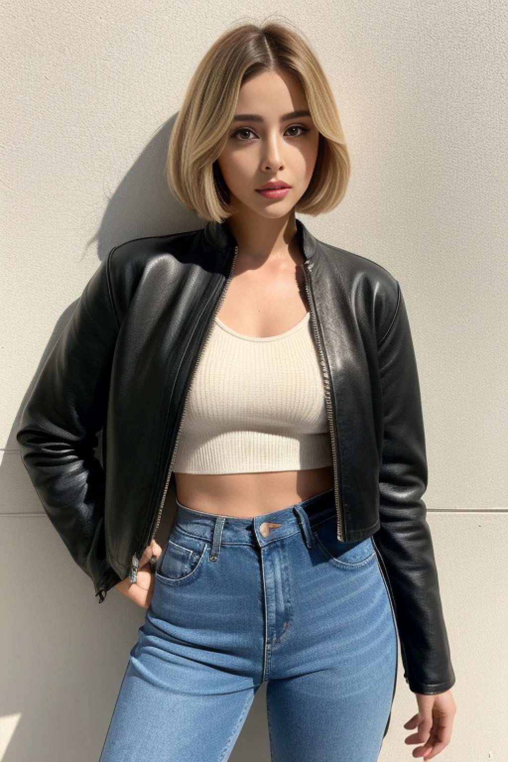 ((Realistic lighting, Best quality, 8K, Masterpiece: 1.3)), Clear focus: 1.2, 2girl, Perfect Figure: 1.4, Slim Abs: 1.1, ((short blonde bob hair)), (cropped leather jacket, distressed skinny jeans: 1.4), Super fine face, Fine eyes, Double eyelids, woman is posing while standing against a wall, inspired by Gina Pellón, instagram, tachisme, violet myers, lorena avarez, olivia culpo, alanis guillen, looks like laura barriales, sophie mudd, tanned ameera al taweel, beautiful iranian woman, half body portrait