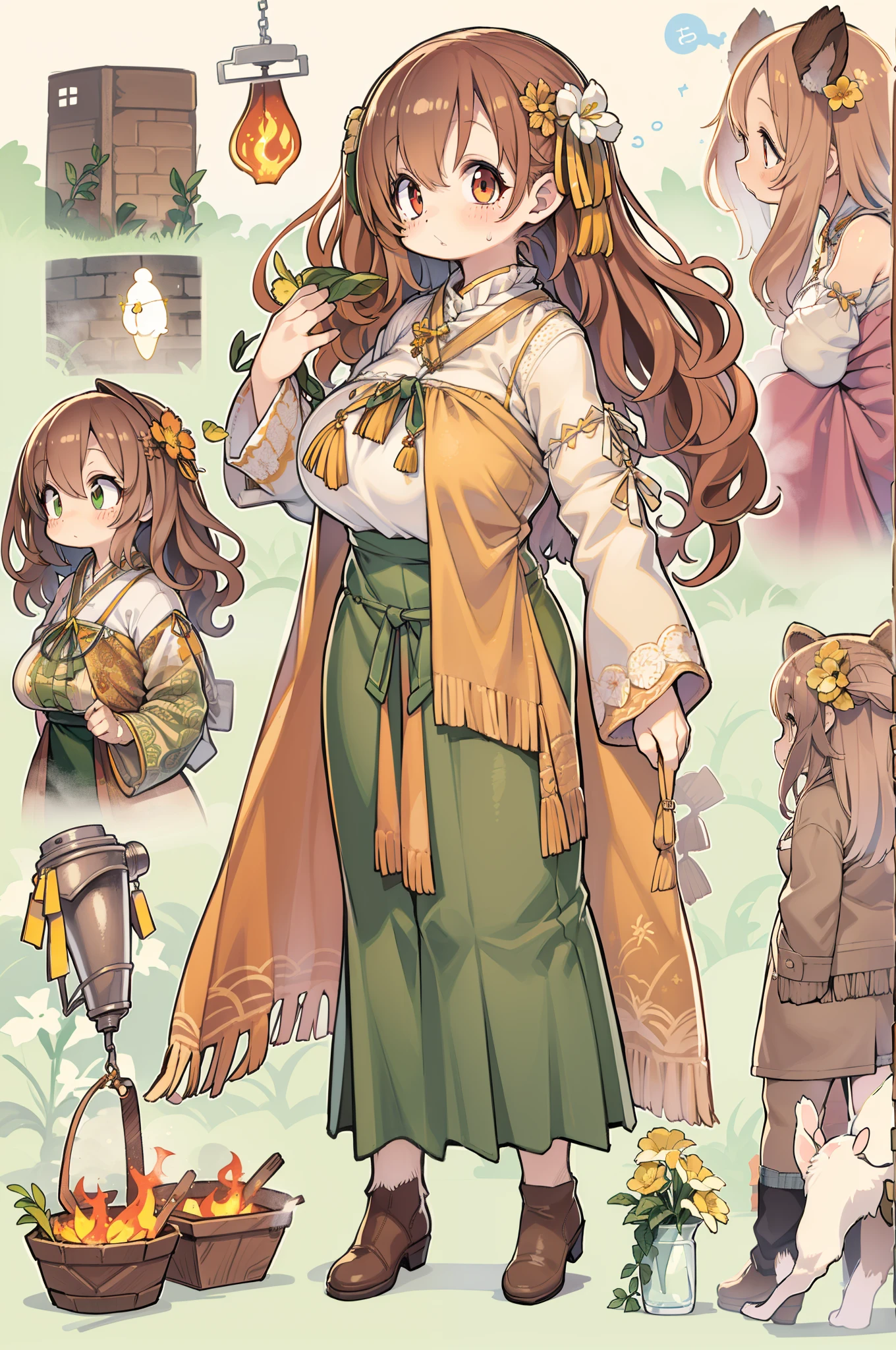 Luma is an elegant person, She is beautiful、Has a strong posture, She has breasts with voluminous proportions, Feminine silhouette of pear, reddish brown hair, long reddish-brown hair, She has expressive eyes, ( Eyes only olive green) Her skin is fair and、There are light freckles on the cheekbones, busty, farms, Brown rustic clothes, Boho clothes, Farm boho fashion clothes, romantic atmoshere, Fire Lamp, Fire glow, Flowers half straighten hair、Wear a cartoon with curled ends half