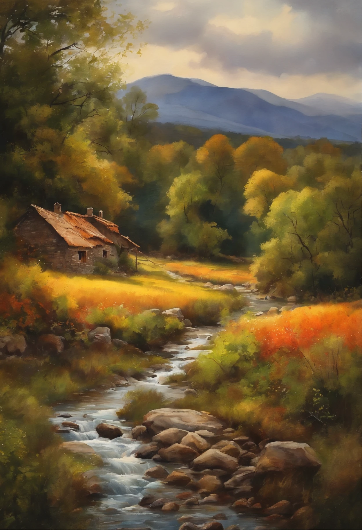 Pintura con acuarelas de un paisaje pastoril de la edad media. Muy detallado. Hi-Def