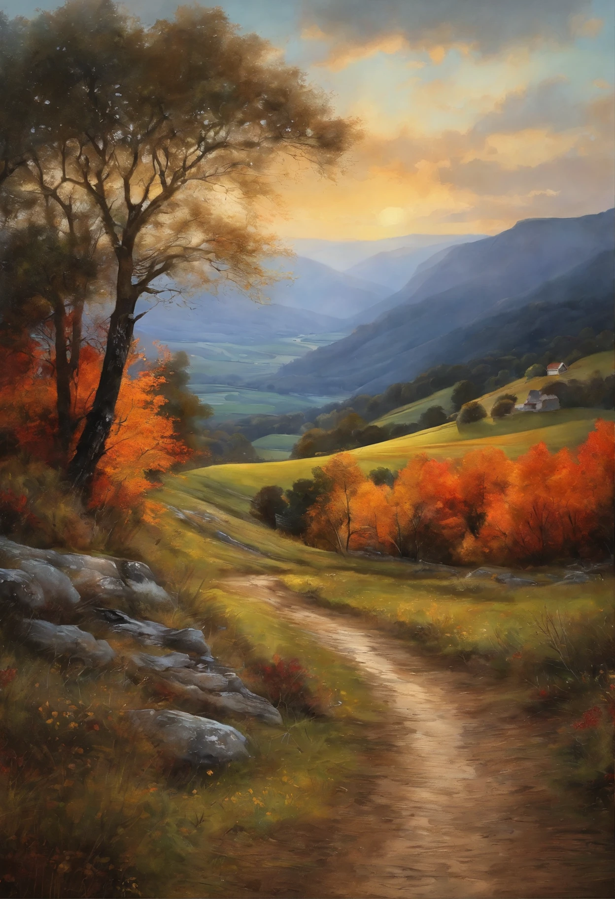 Pintura con acuarelas de un paisaje pastoril de la edad media. Muy detallado. Hi-Def