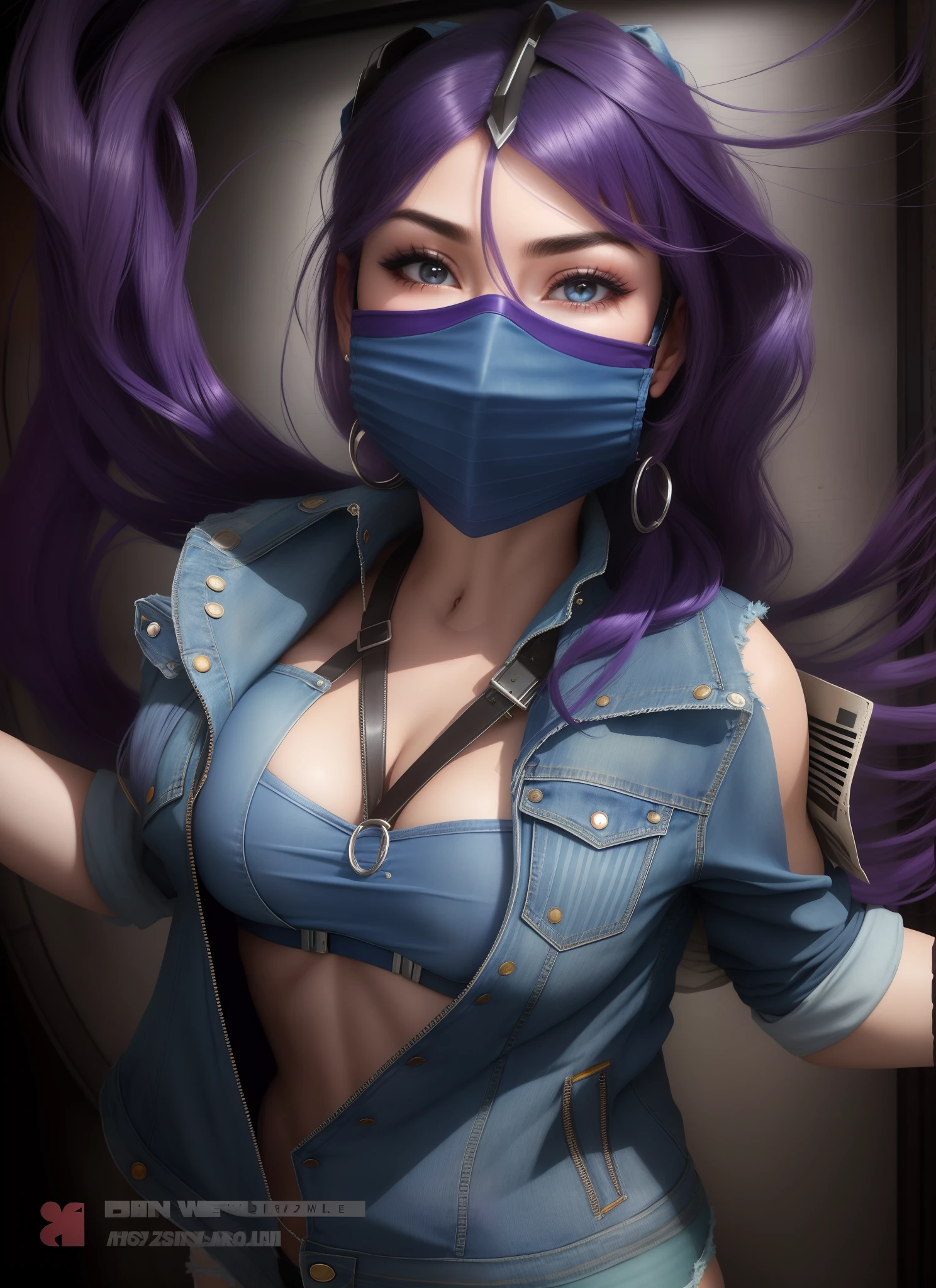 Sexy woman wearing a denim jacket over a purple crop top and a denim miniskirt, with long flowing hair and a blue mask covering her mouth.
