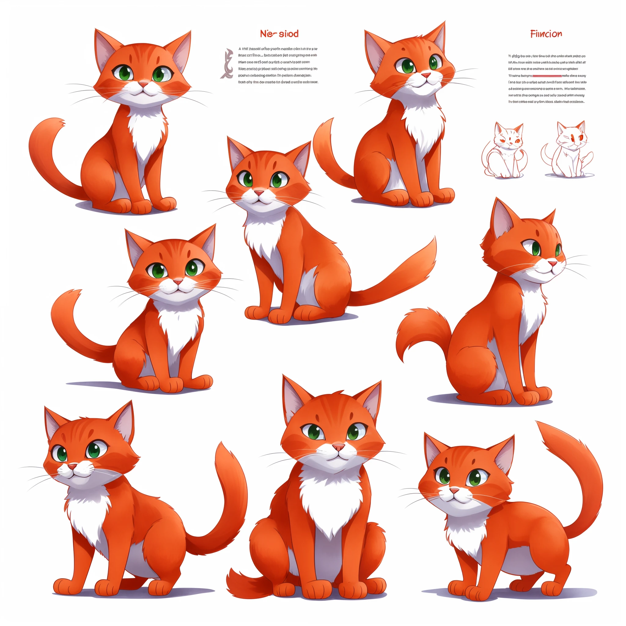 cute red anthropomorphic cat with a funny cunning muzzle on two paws in different poses, Character Sheet, (Fantasy Character Sheet, front, Left, Right, backboob, Sitting standing, It's working, on two legs), multiple poss and expressions, watercolour, Children's Book Illustration Style, comic style, higly detailed, Clear Focus, beste-Qualit