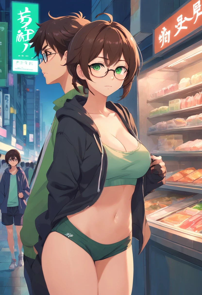 brown hair tied in messy bun, glasses, big boobs, green eyes, pointed ears, goth, black crop hoodie, black shorts, round glasses, black fishnet gloves and stockings, freckles, blushing, hentai, nsfw, sexual, having sex, big dick, porn, male x female, two people, sex with viewer